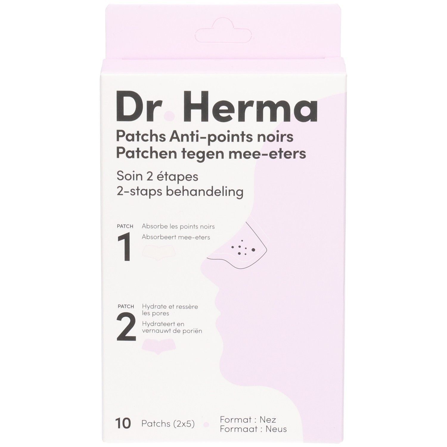 Vorderansicht der Dr. Herma Patch-Verpackung. Zeigt Produktnamen, Informationen und Illustrationen.