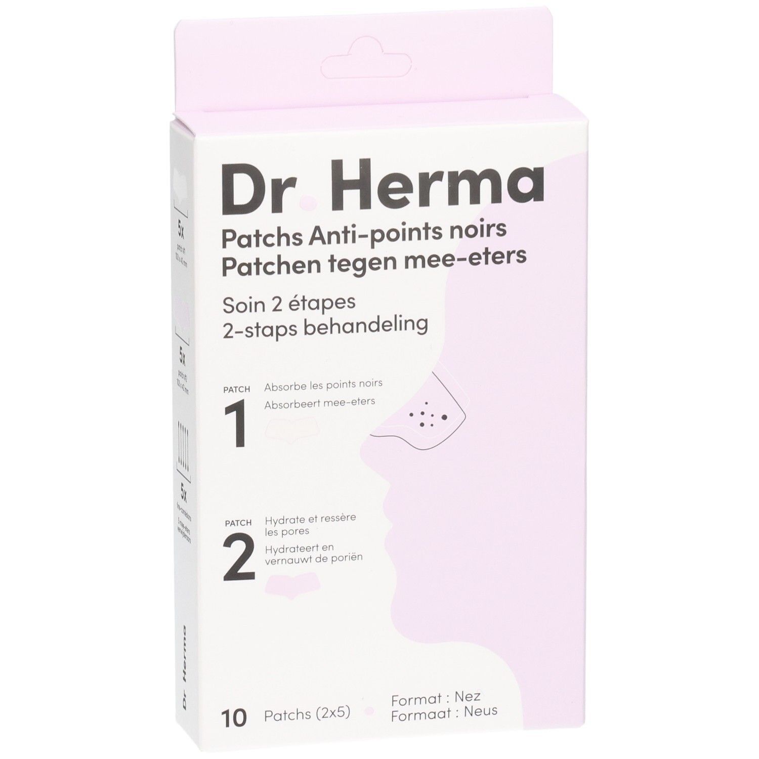 Vorderansicht der Dr. Herma Patch-Verpackung. Zeigt Produktnamen, Informationen und Illustrationen.
