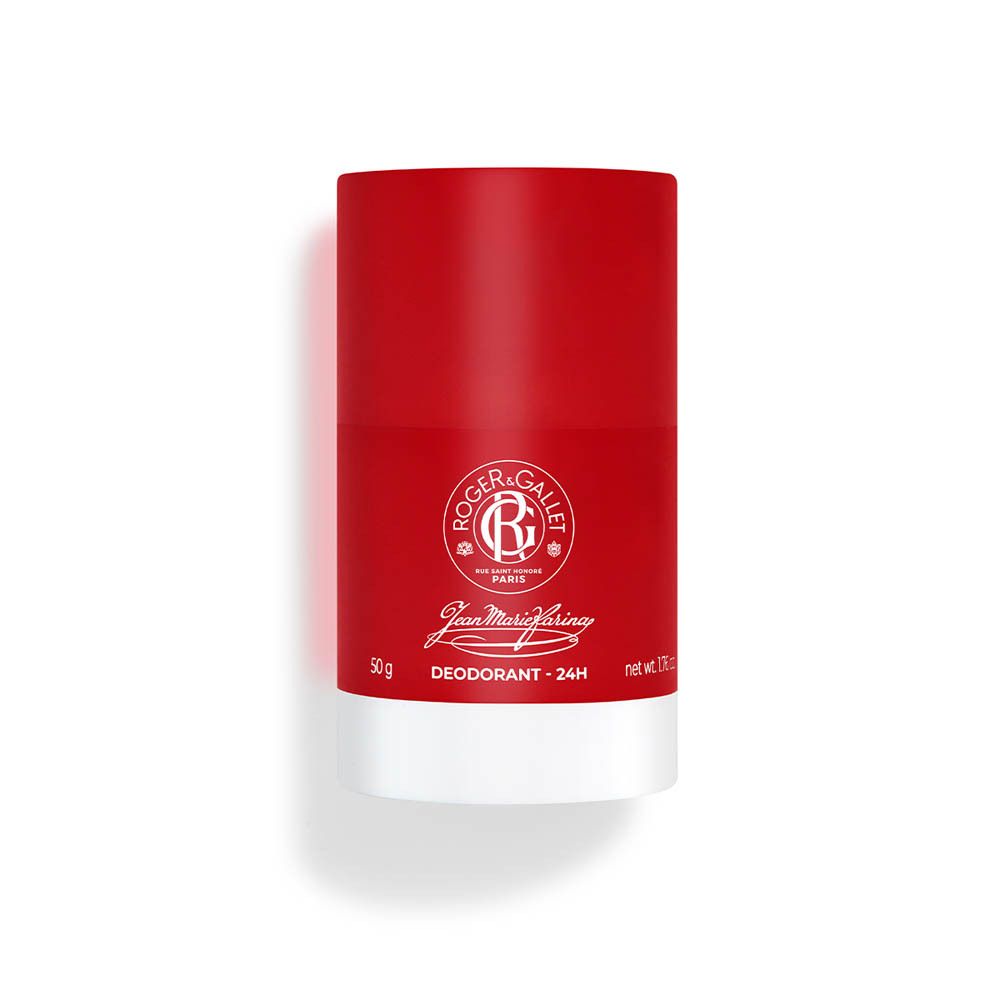 Stick déodorant rouge et base blanche. Logo et texte. Jean Marie Farina, Déodorant 24H, 50g.