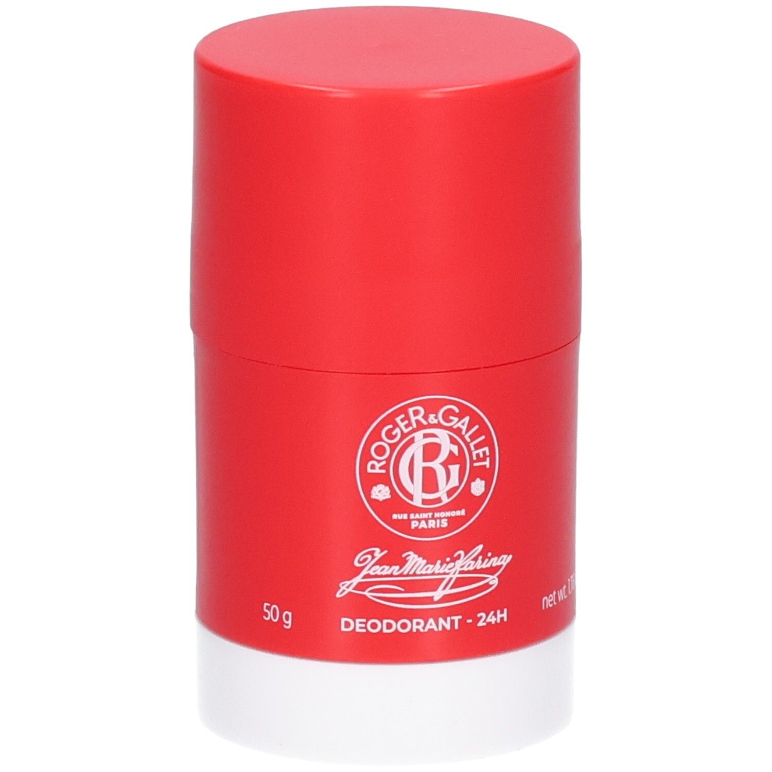 Roter Deostick mit weißem Boden. Logo und Schriftzug. Jean Marie Farina, Deodorant 24H, 50g.