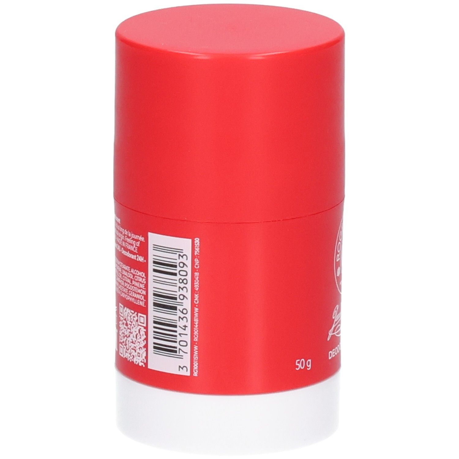 Roter Deostick mit weißem Boden. Rückseite mit Text und Barcode. Jean Marie Farina, Deodorant 24H, 50g.