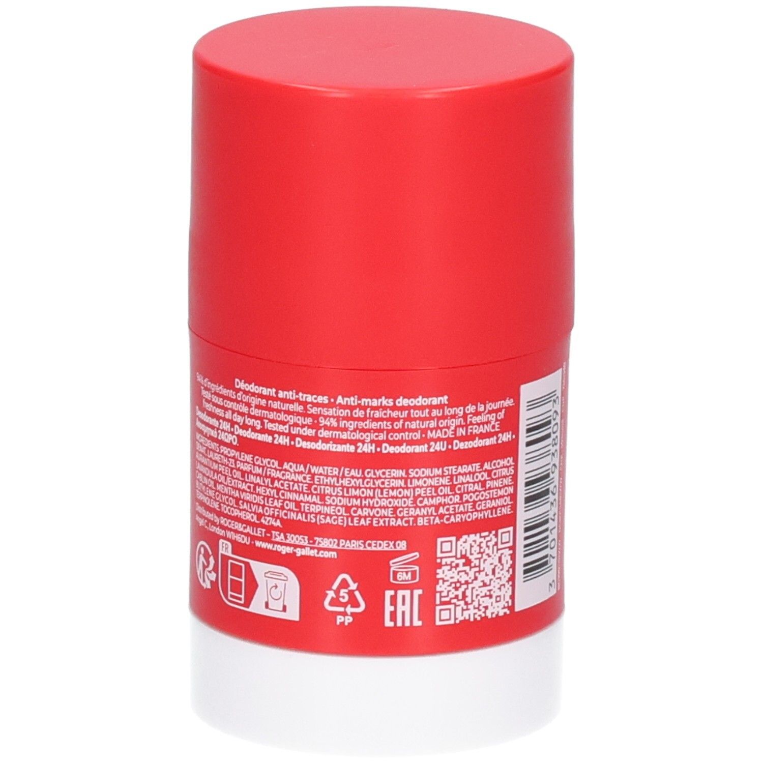 Roter Deostick mit weißem Boden. Rückseite mit Text. Jean Marie Farina, Deodorant 24H, 50g.
