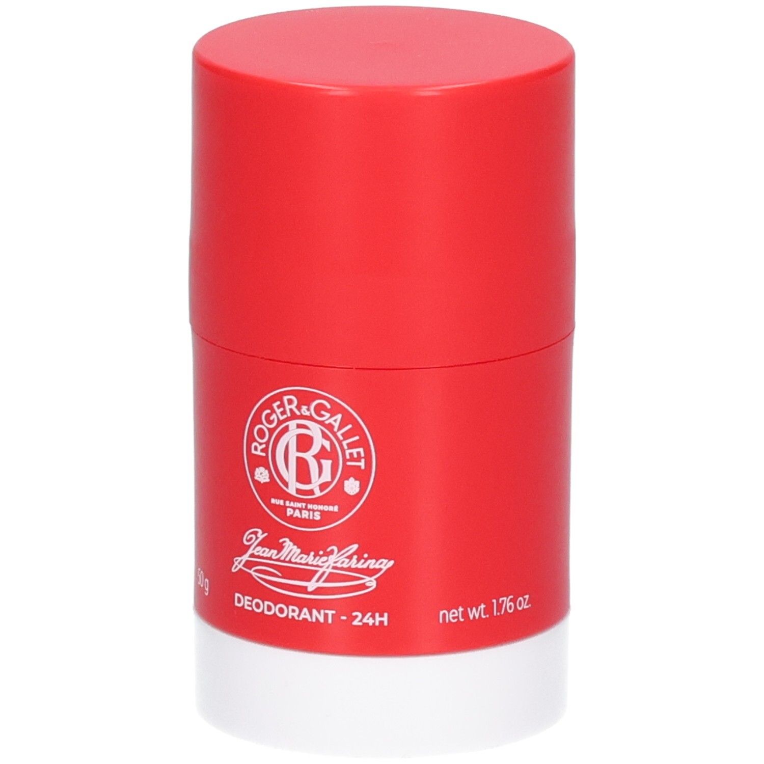 Roter Deostick mit weißem Boden. Logo und Schriftzug. Jean Marie Farina, Deodorant 24H, 1.76 oz.