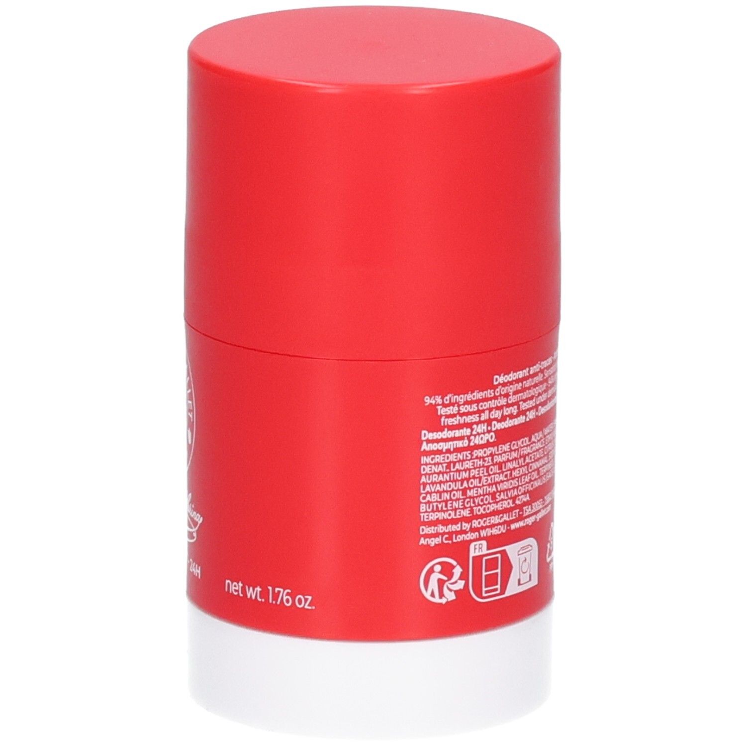 Roter Deostick mit weißem Boden. Rückseite mit Text. Jean Marie Farina, Deodorant 24H, 1.76 oz.