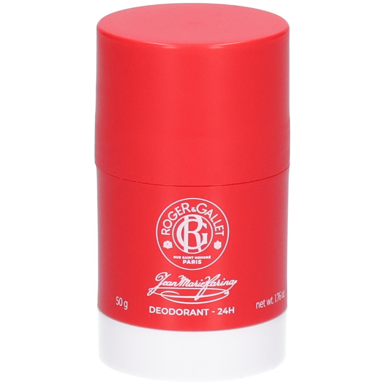 Roter Deostick mit weißem Boden. Logo und Schriftzug. Jean Marie Farina, Deodorant 24H, 1.76 oz.