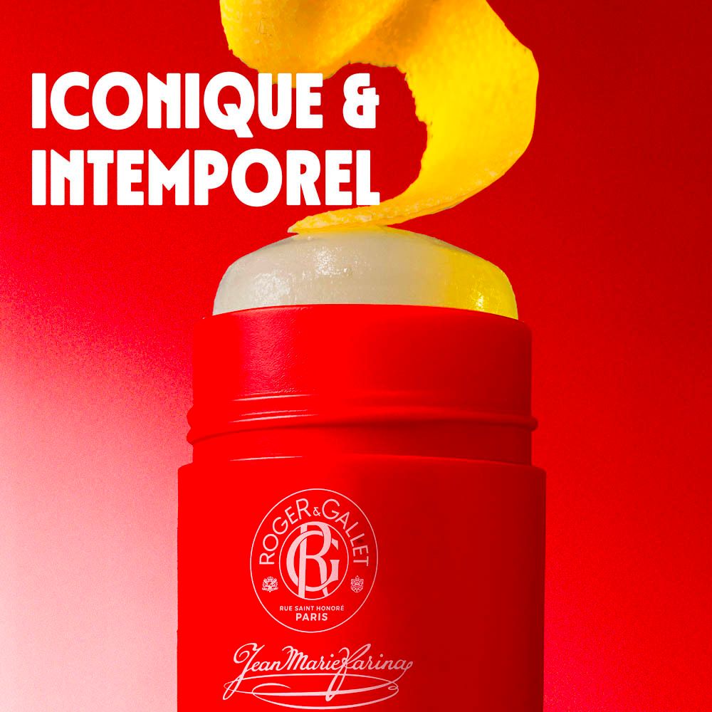 Produit avec citron. Texte : ICONIQUE & INTEMPOREL. Fond rouge.