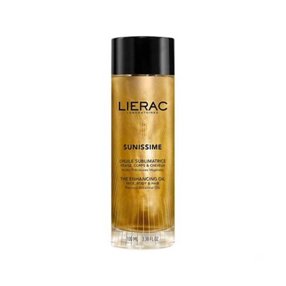 Flacon d'huile doré avec bouchon noir. Inscriptions: Lierac, Sunissime, L'huile Sublimatrice, The Enhancing Oil.