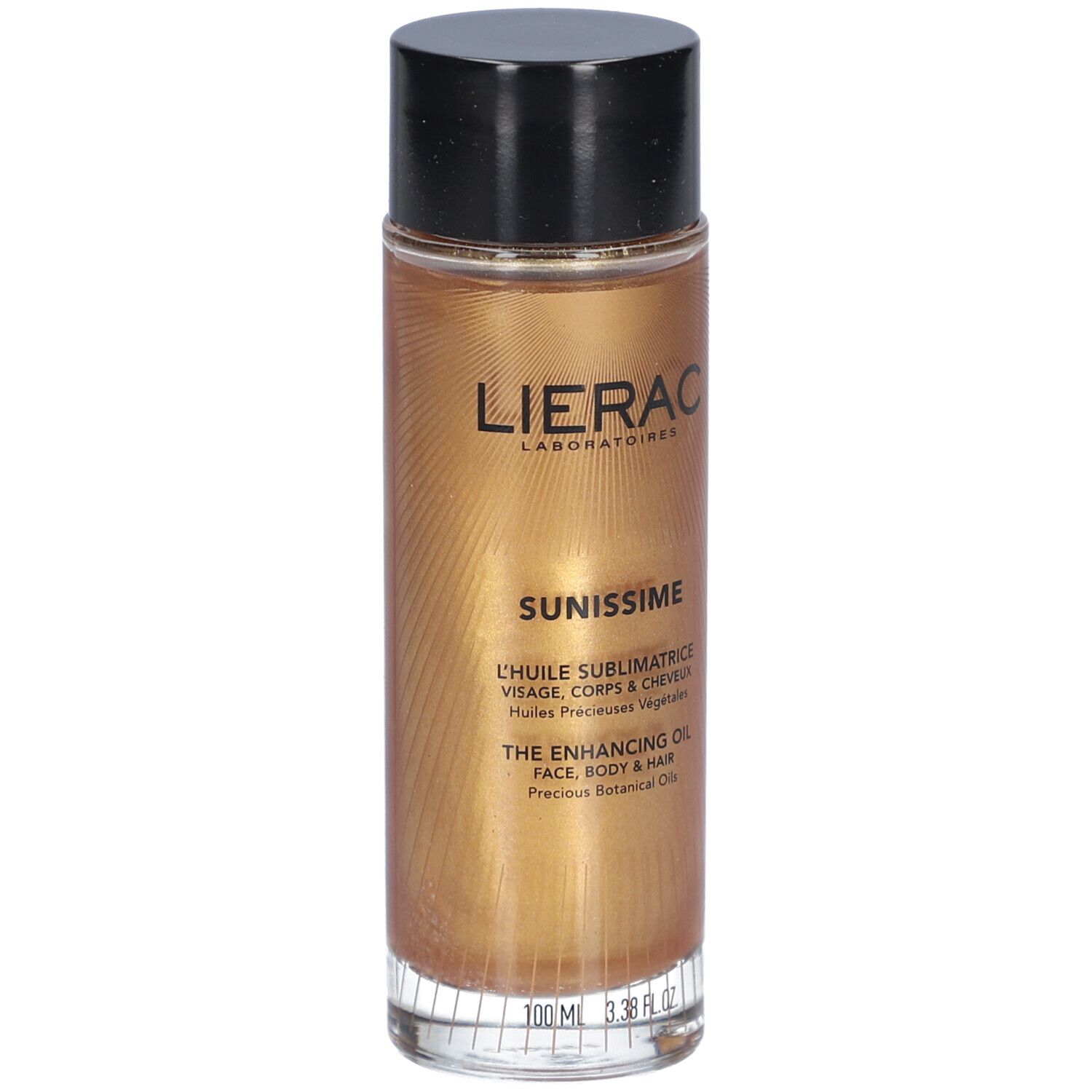 Goldfarbene Ölflasche mit schwarzem Deckel. Beschriftung: Lierac, Sunissime, L'huile Sublimatrice, The Enhancing Oil.