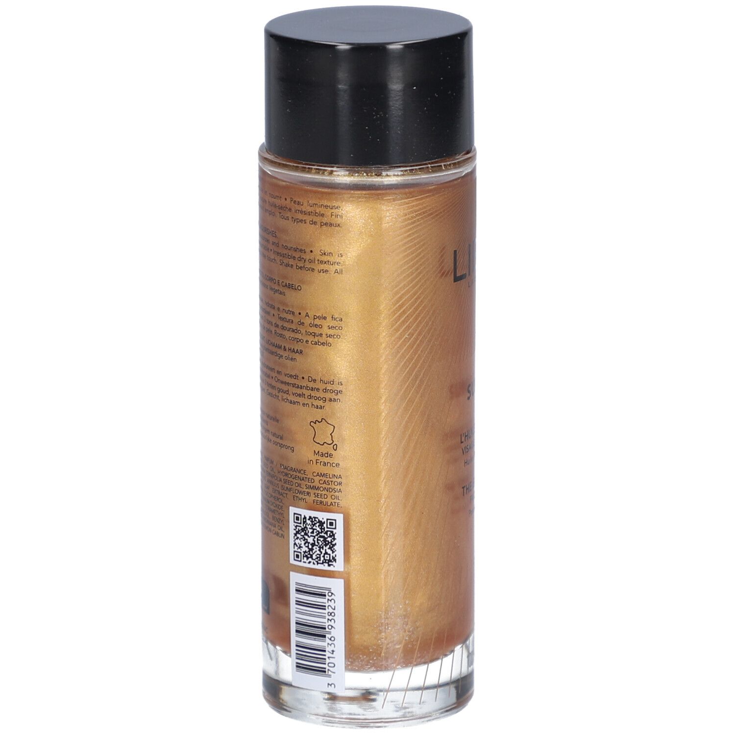 Rückansicht der Ölflasche. Text: Inhaltsstoffe, Anwendungshinweise, QR-Code. Goldfarbenes Öl in einer transparenten Flasche.