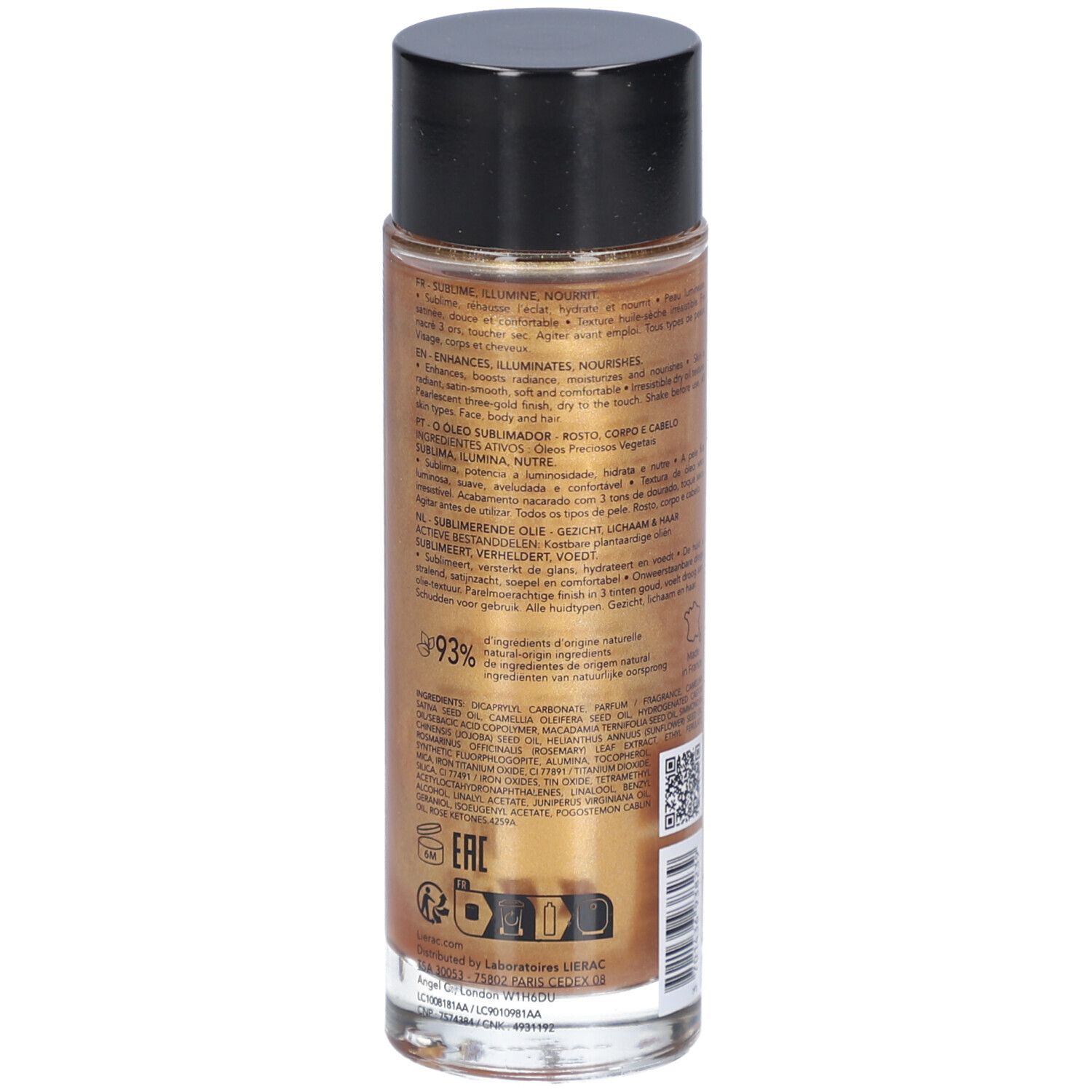 Rückansicht der Ölflasche. Text: Inhaltsstoffe, Anwendungshinweise, QR-Code. Goldfarbenes Öl in einer transparenten Flasche.