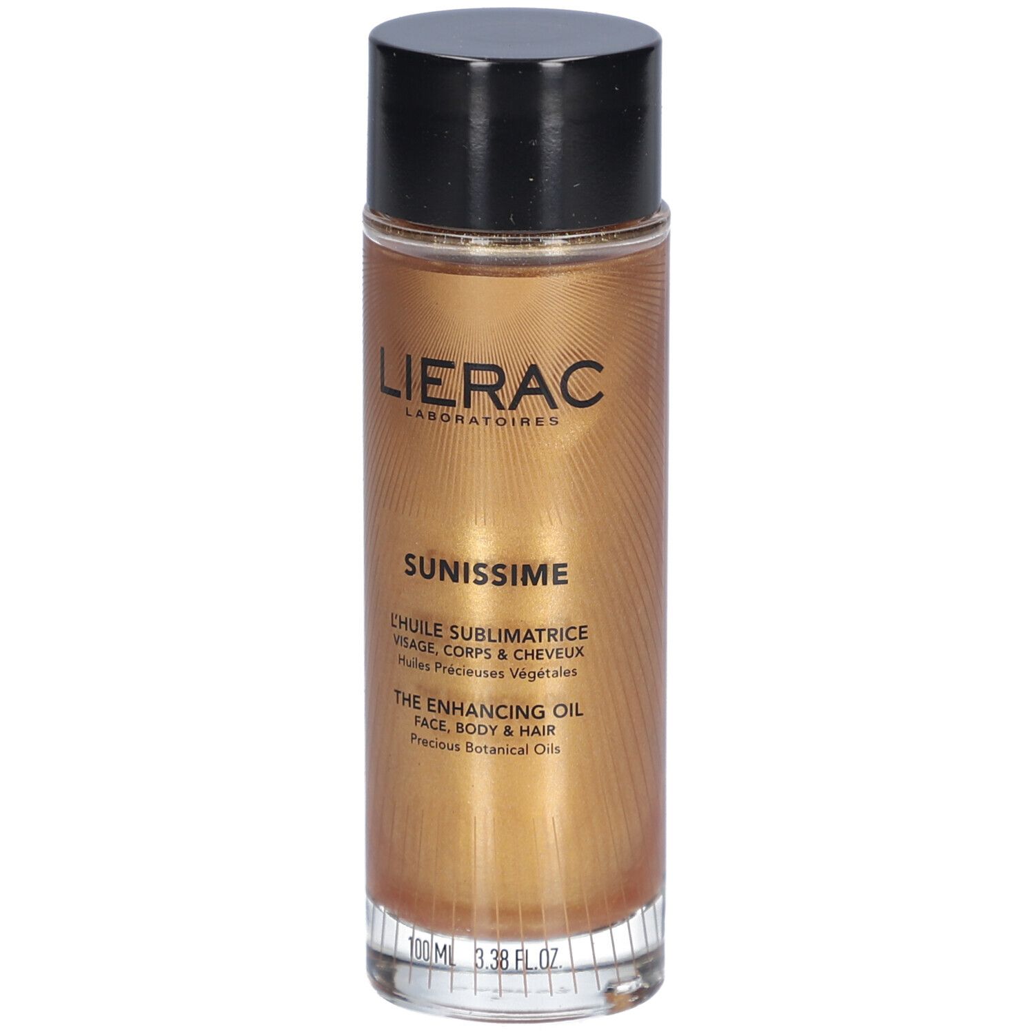 Goldfarbene Ölflasche mit schwarzem Deckel. Beschriftung: Lierac, Sunissime, L'huile Sublimatrice, The Enhancing Oil.