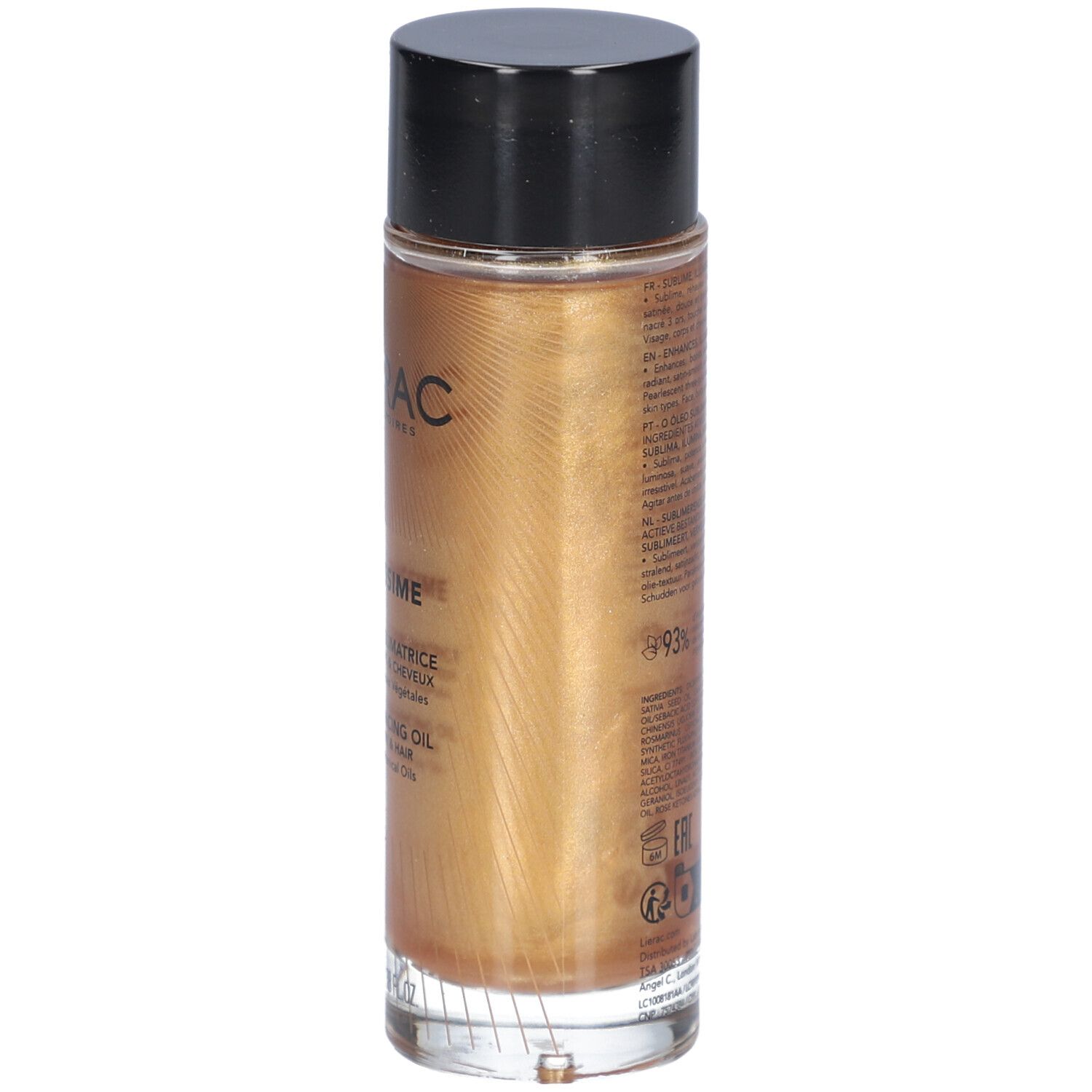 Rückansicht der Ölflasche. Text: Inhaltsstoffe, Anwendungshinweise, QR-Code. Goldfarbenes Öl in einer transparenten Flasche.