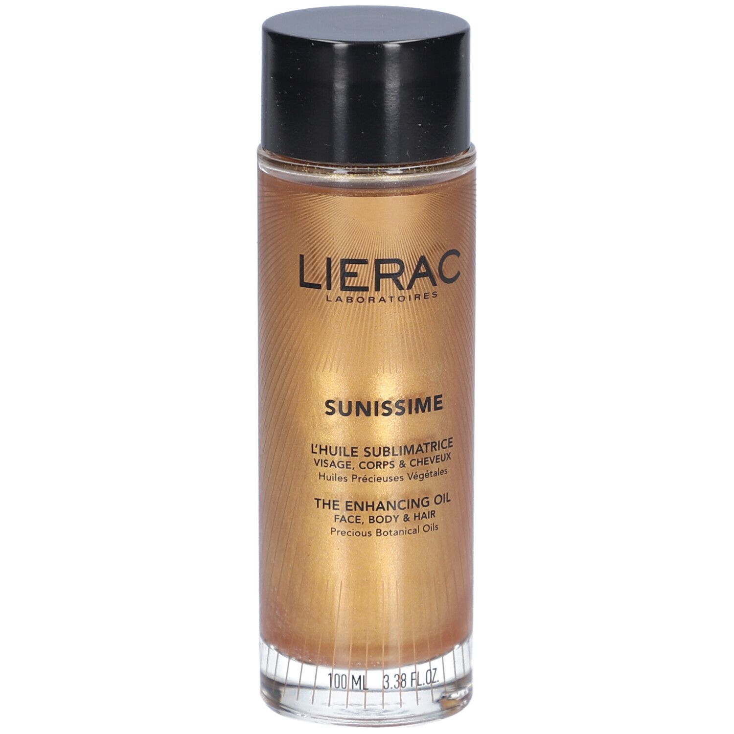 Goldfarbene Ölflasche mit schwarzem Deckel. Beschriftung: Lierac, Sunissime, L'huile Sublimatrice, The Enhancing Oil.