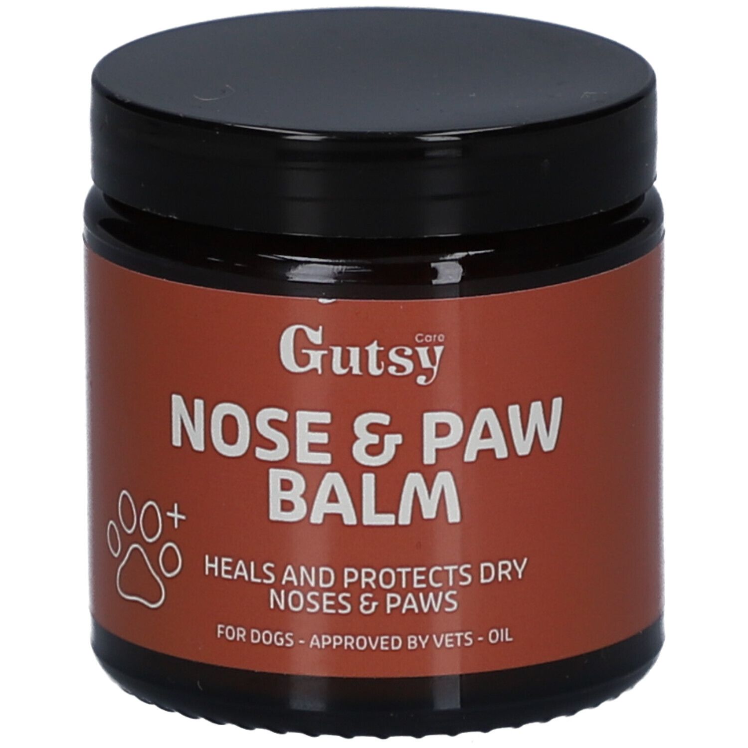Braune Dose mit schwarzem Deckel. Aufschrift: Gutsy Nose & Paw Balm. Pfoten-Symbol. Für Hunde.