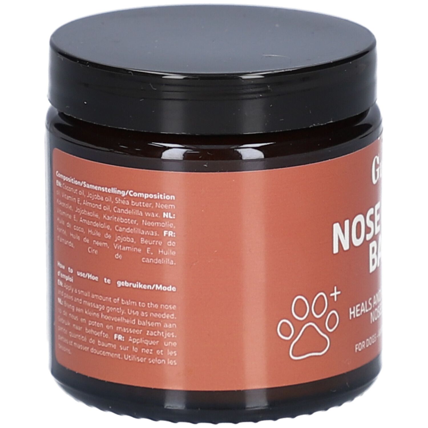 Braune Dose mit schwarzem Deckel. Rückseite mit Inhaltsstoffen und Anwendungshinweisen in mehreren Sprachen.