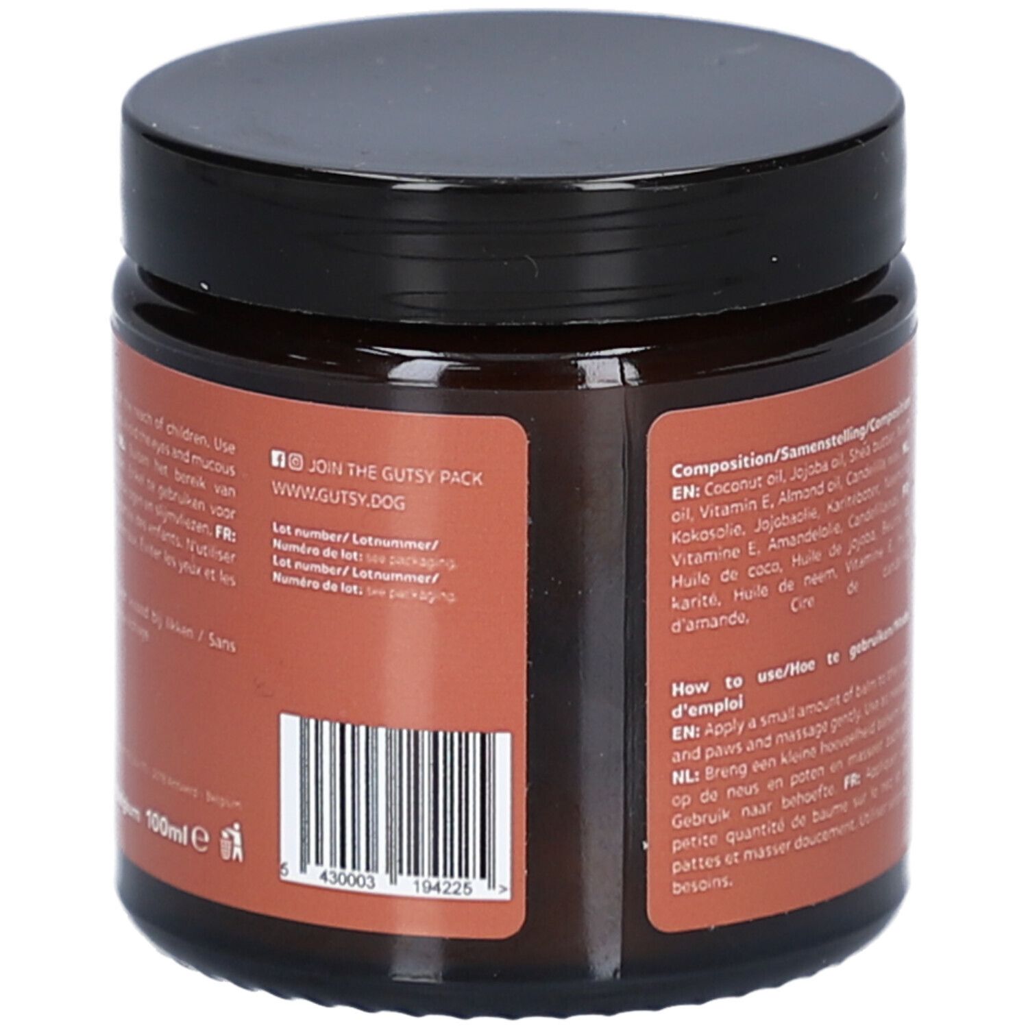 Braune Dose mit schwarzem Deckel. Rückseite mit Inhaltsstoffen, Anwendung und Barcode.