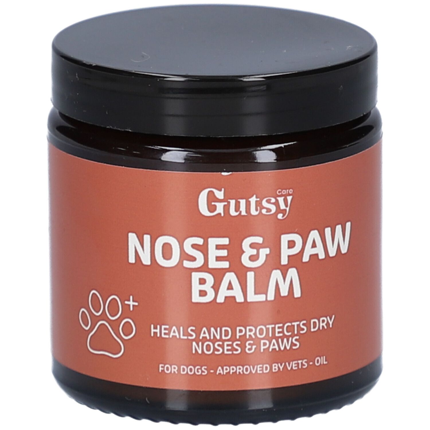 Braune Dose mit schwarzem Deckel. Aufschrift: Gutsy Nose & Paw Balm. Pfoten-Symbol. Für Hunde.