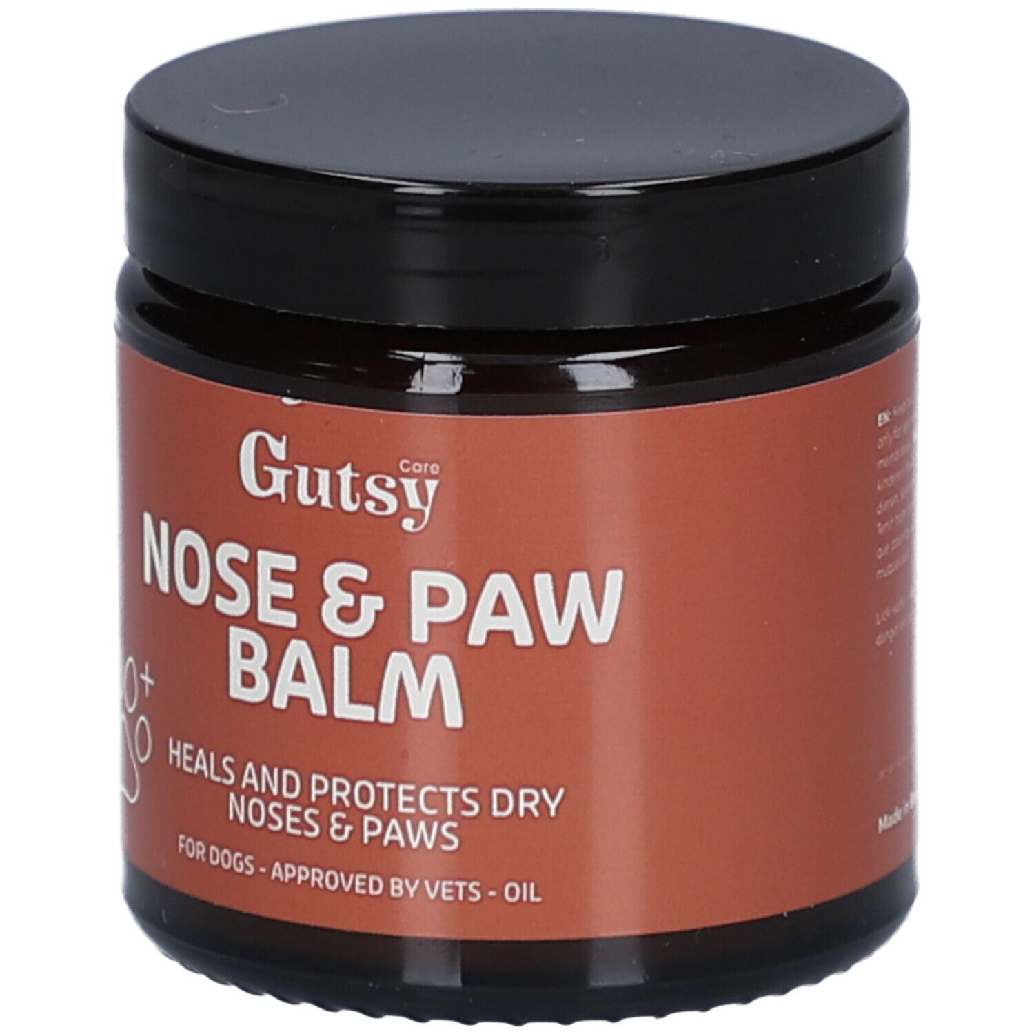 Braune Dose mit schwarzem Deckel. Aufschrift: Gutsy Nose & Paw Balm. Pfoten-Symbol. Für Hunde.