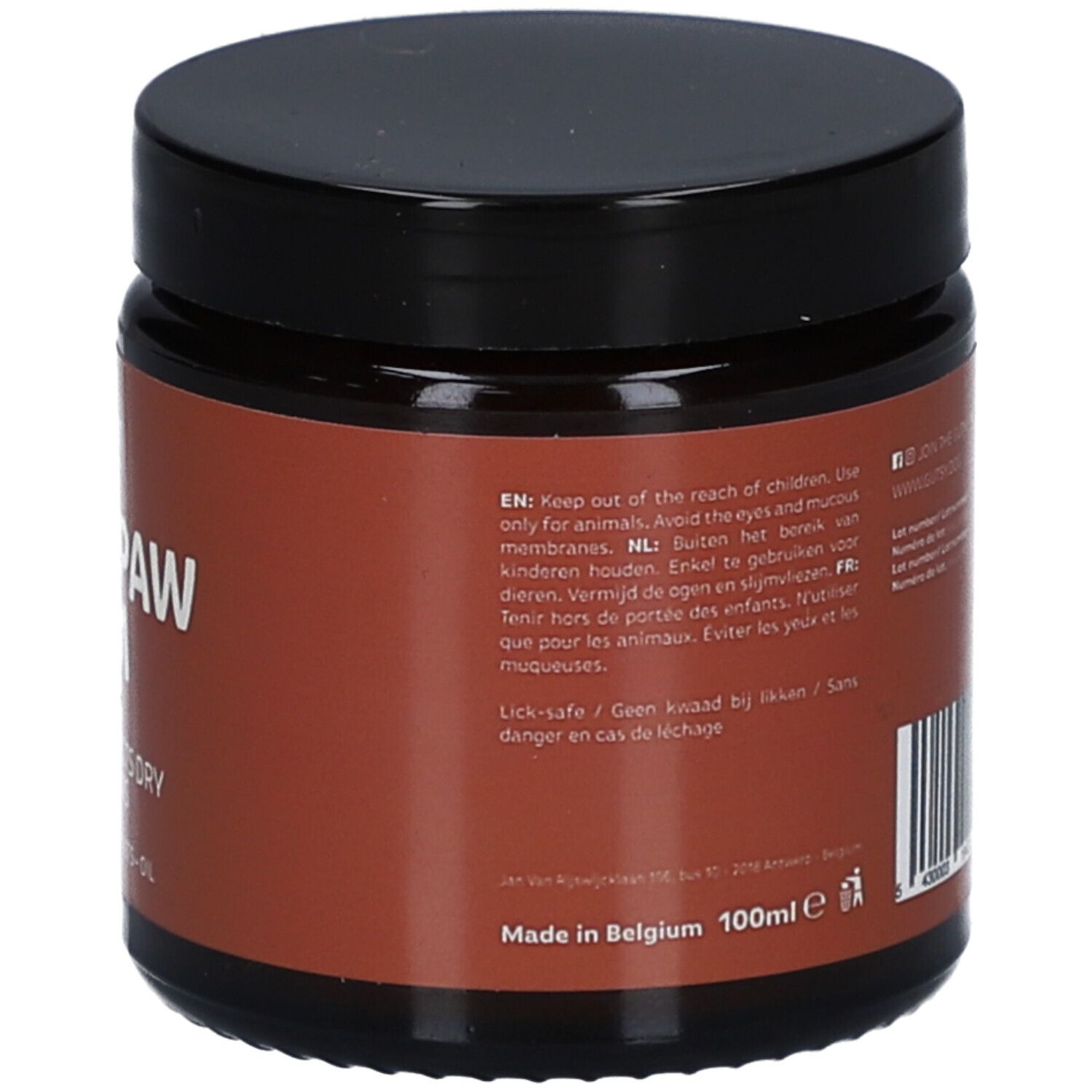 Braune Dose mit schwarzem Deckel. Rückseite mit Warnhinweisen und Barcode.