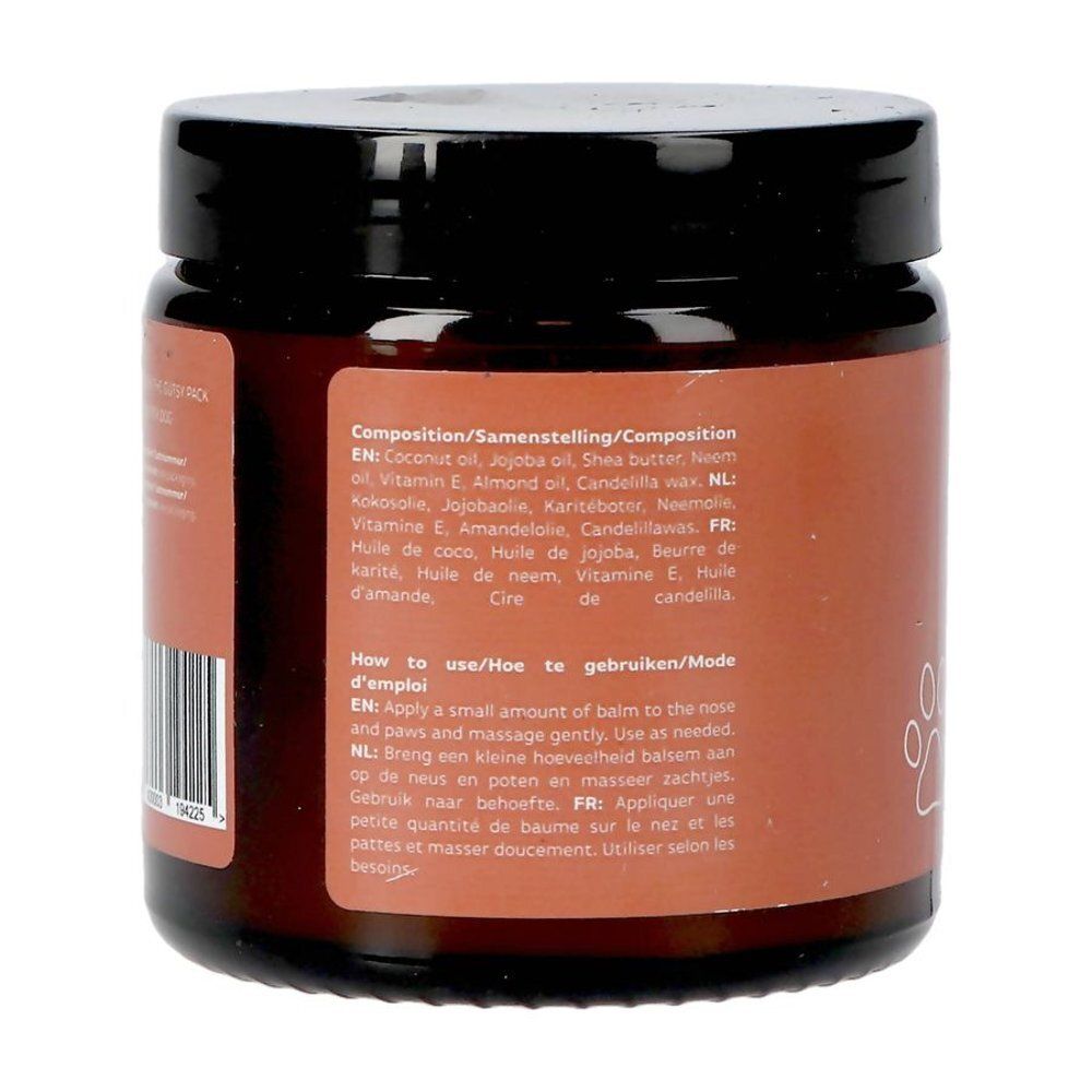 Pot marron avec couvercle noir. Dos avec ingrédients et instructions d'utilisation en plusieurs langues.