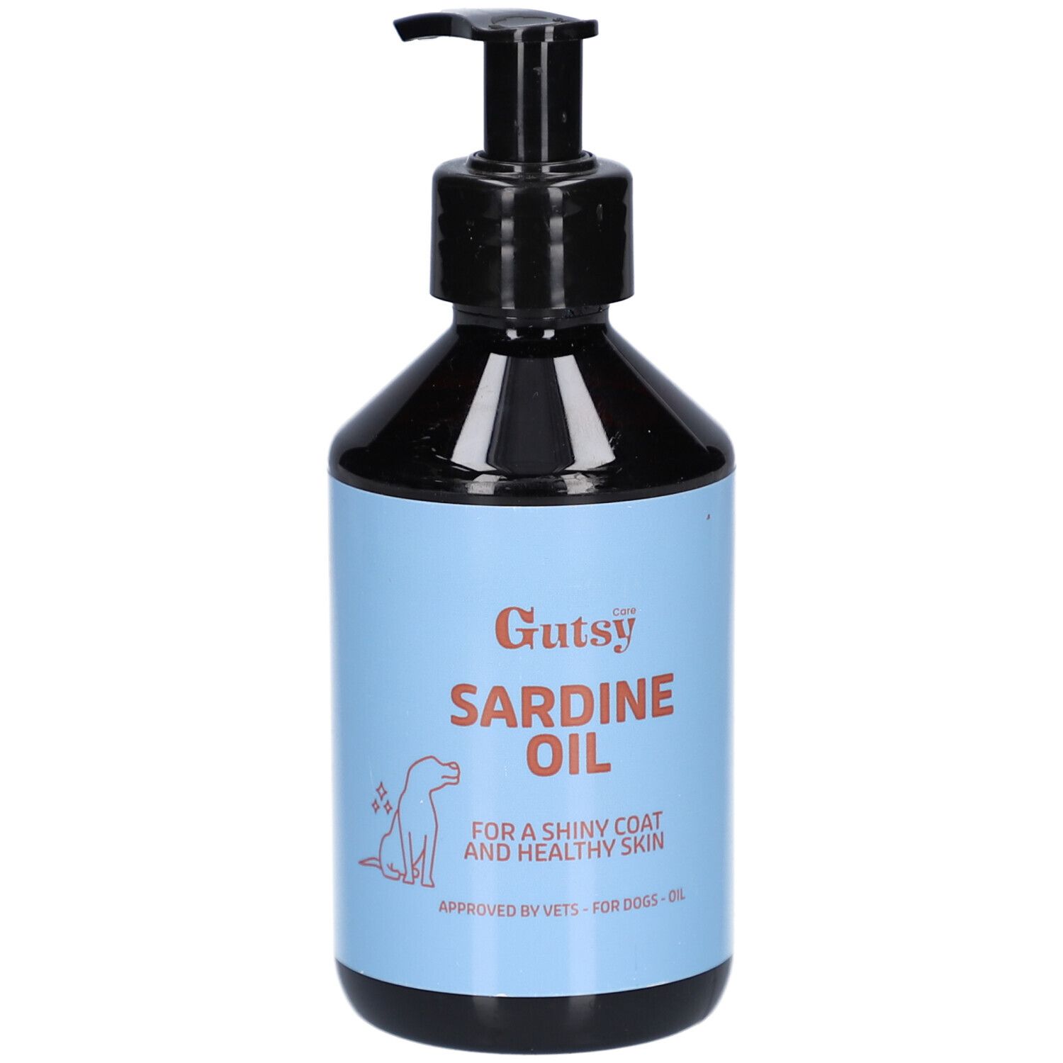 Flasche mit Pumpe. Hellblaues Etikett mit Aufschrift "Gutsy Sardine Oil". Für glänzendes Fell und gesunde Haut. Für Hunde.