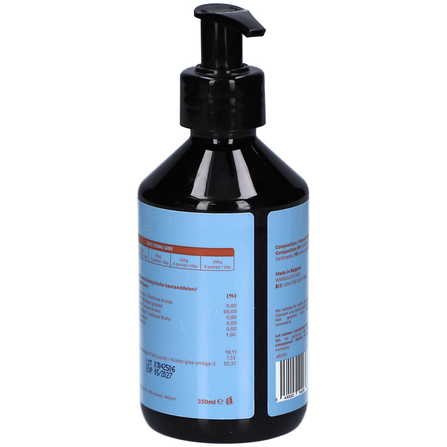 Rückseite der Flasche. Hellblaues Etikett mit Nährwertangaben. Enthält Informationen zu Inhaltsstoffen. 250ml.