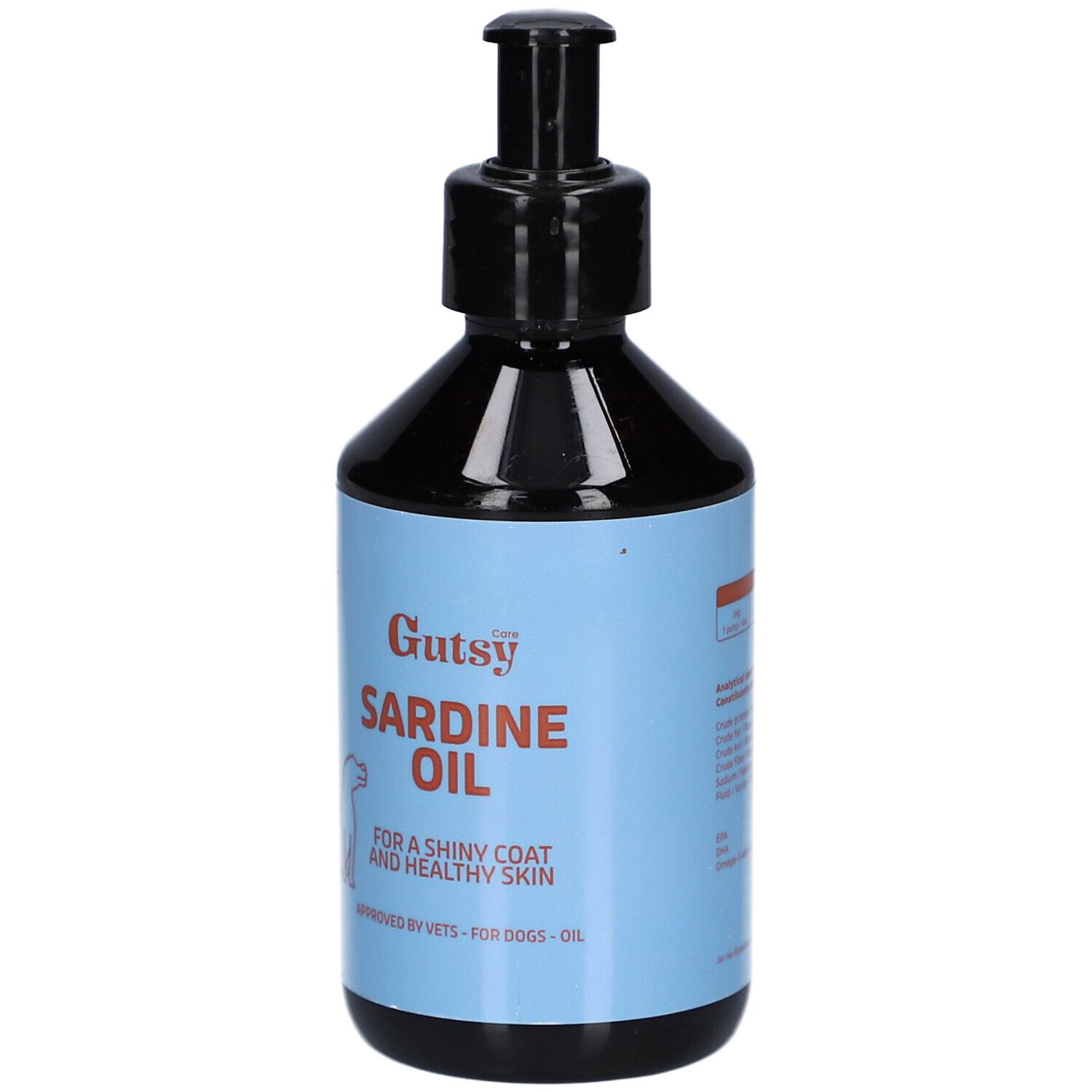 Flasche mit Pumpe. Hellblaues Etikett mit Aufschrift "Gutsy Sardine Oil". Für glänzendes Fell und gesunde Haut. Für Hunde.