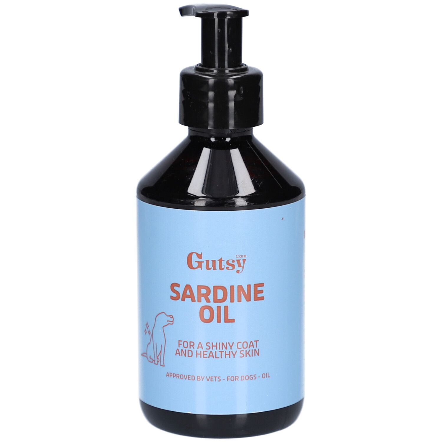 Flasche mit Pumpe. Hellblaue Etikett mit Aufschrift "Gutsy Sardine Oil". Für glänzendes Fell und gesunde Haut. Für Hunde.