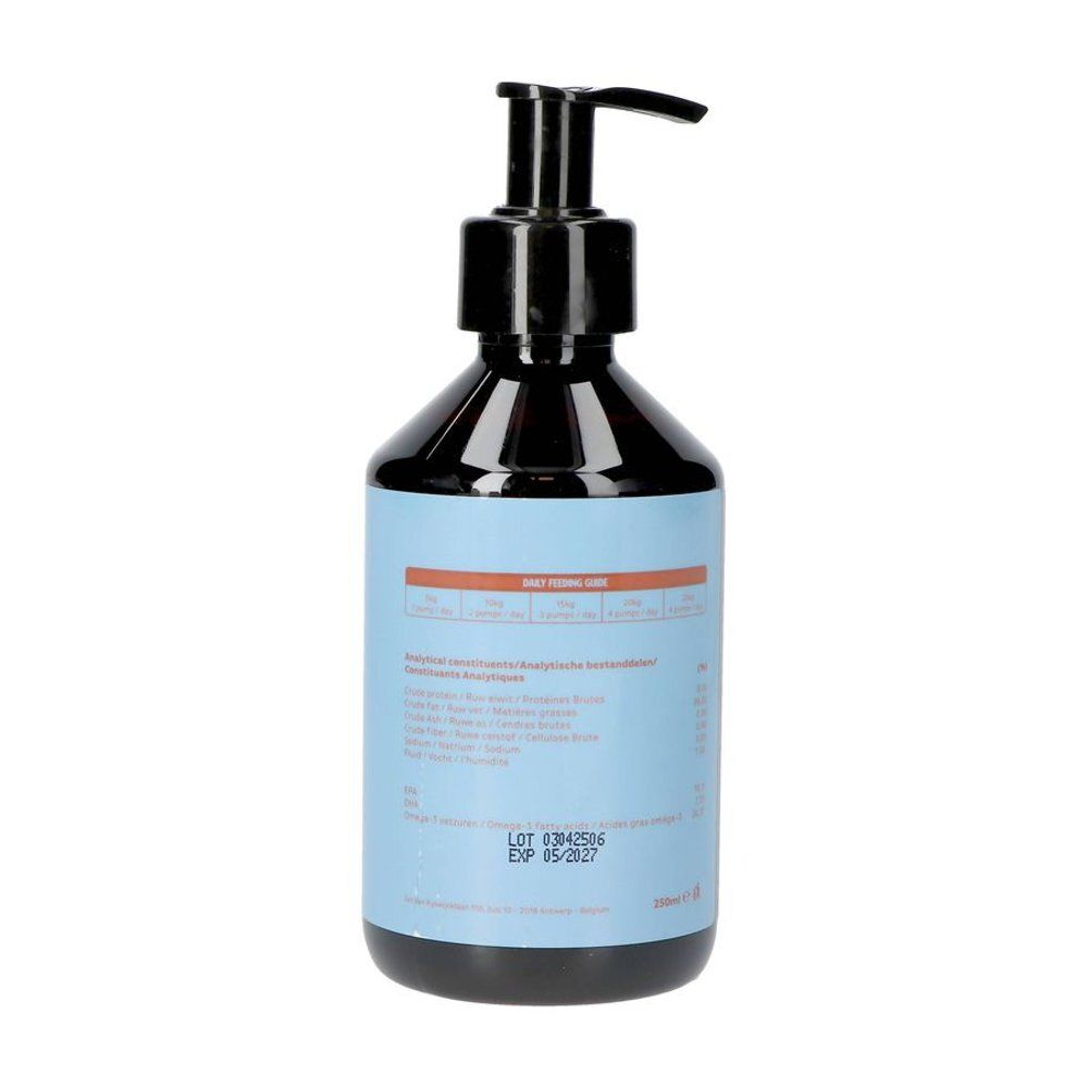 Dos du flacon. Étiquette bleu clair avec informations nutritionnelles. Contient des informations sur les ingrédients. 250ml. Date de péremption.