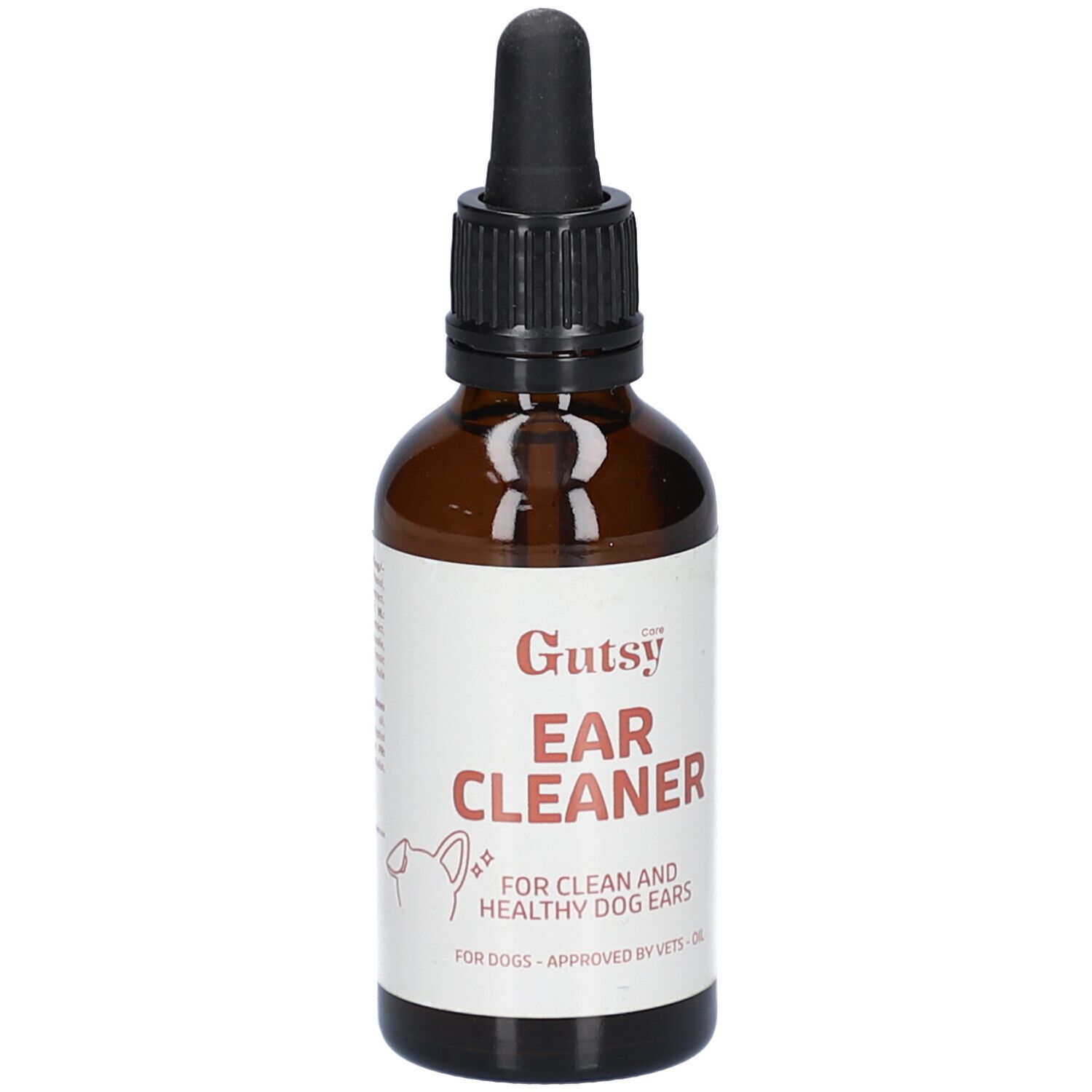 Braune Glasflasche mit schwarzem Deckel und Pipette. Etikett mit "Gutsy Ear Cleaner" und Text für Hundeohren.