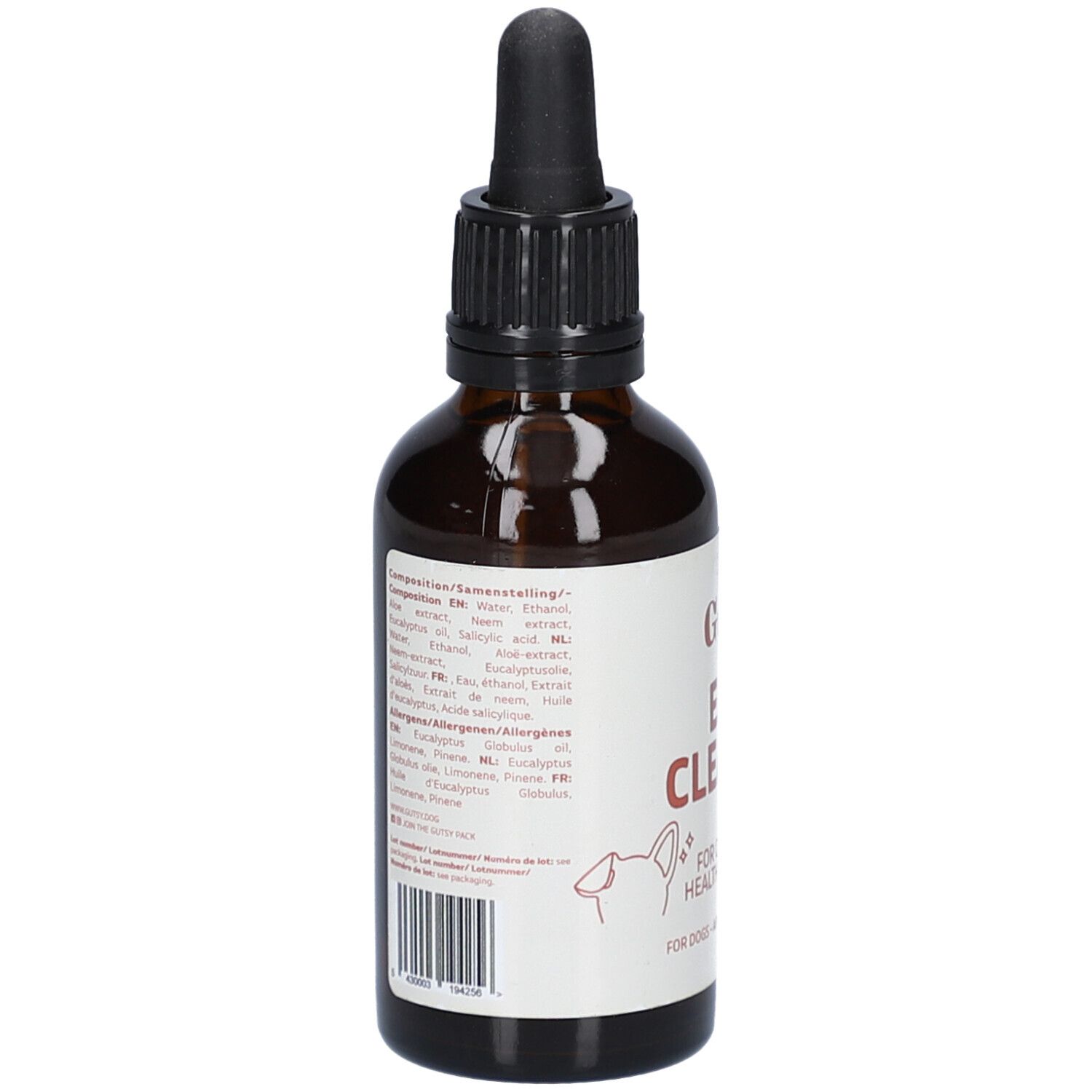 Rückseite der braunen Flasche. Etikett mit Inhaltsstoffen und Barcode. Text in mehreren Sprachen.