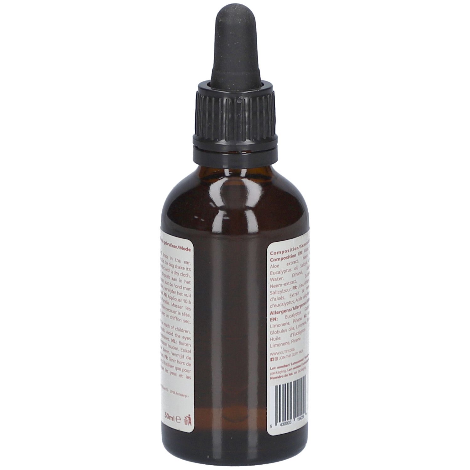 Braune Flasche mit schwarzem Deckel und Pipette. Etikett mit Text und Barcode. Rückansicht.