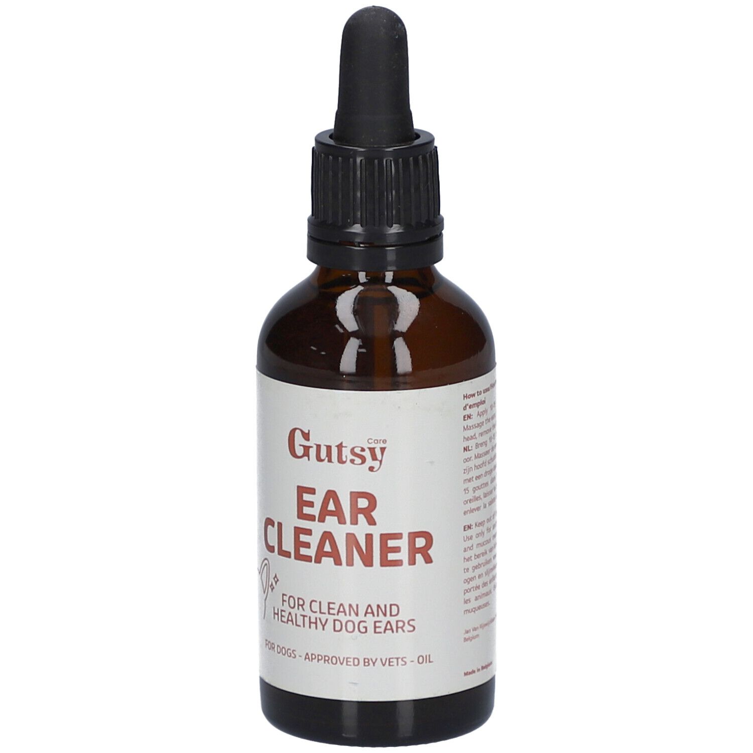 Braune Glasflasche mit schwarzem Deckel und Pipette. Etikett mit "Gutsy Ear Cleaner" und Text für Hundeohren.