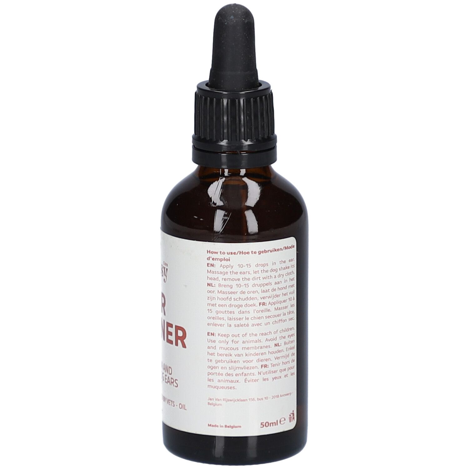 Braune Glasflasche mit schwarzem Deckel und Pipette. Etikett mit "Gutsy Ear Cleaner" und Gebrauchsanweisung.