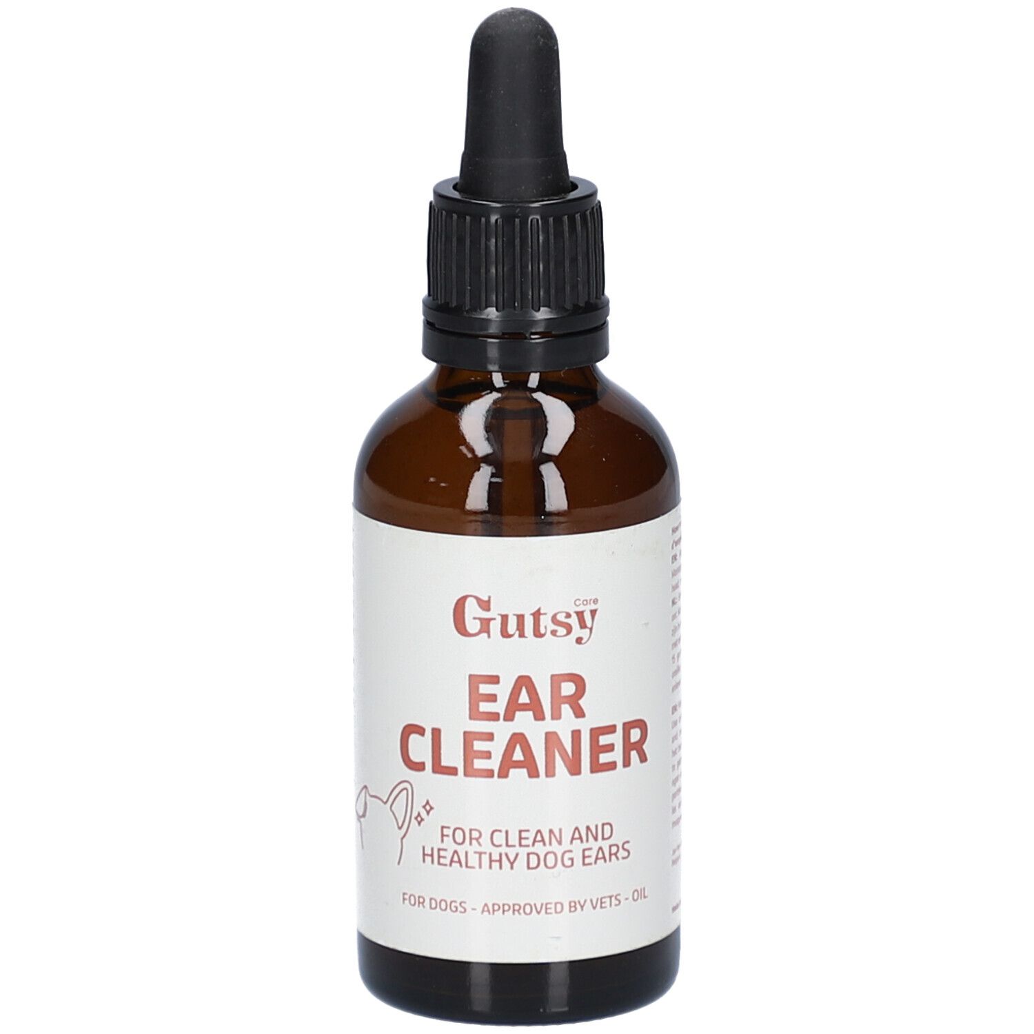 Braune Glasflasche mit schwarzem Deckel und Pipette. Etikett mit "Gutsy Ear Cleaner" und Text für Hundeohren.
