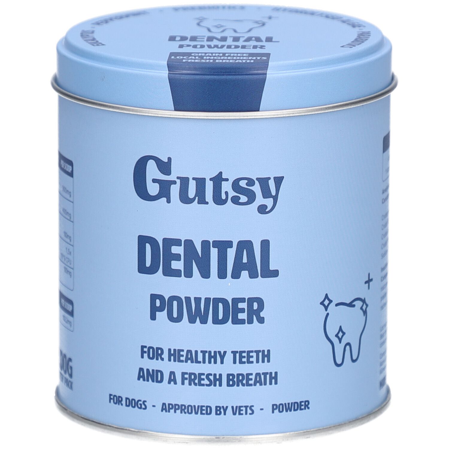 Hellblaue Dose mit "Gutsy Dental Powder"-Aufdruck. Enthält Text für gesunde Zähne und frischen Atem. Mit Zahn-Symbol.