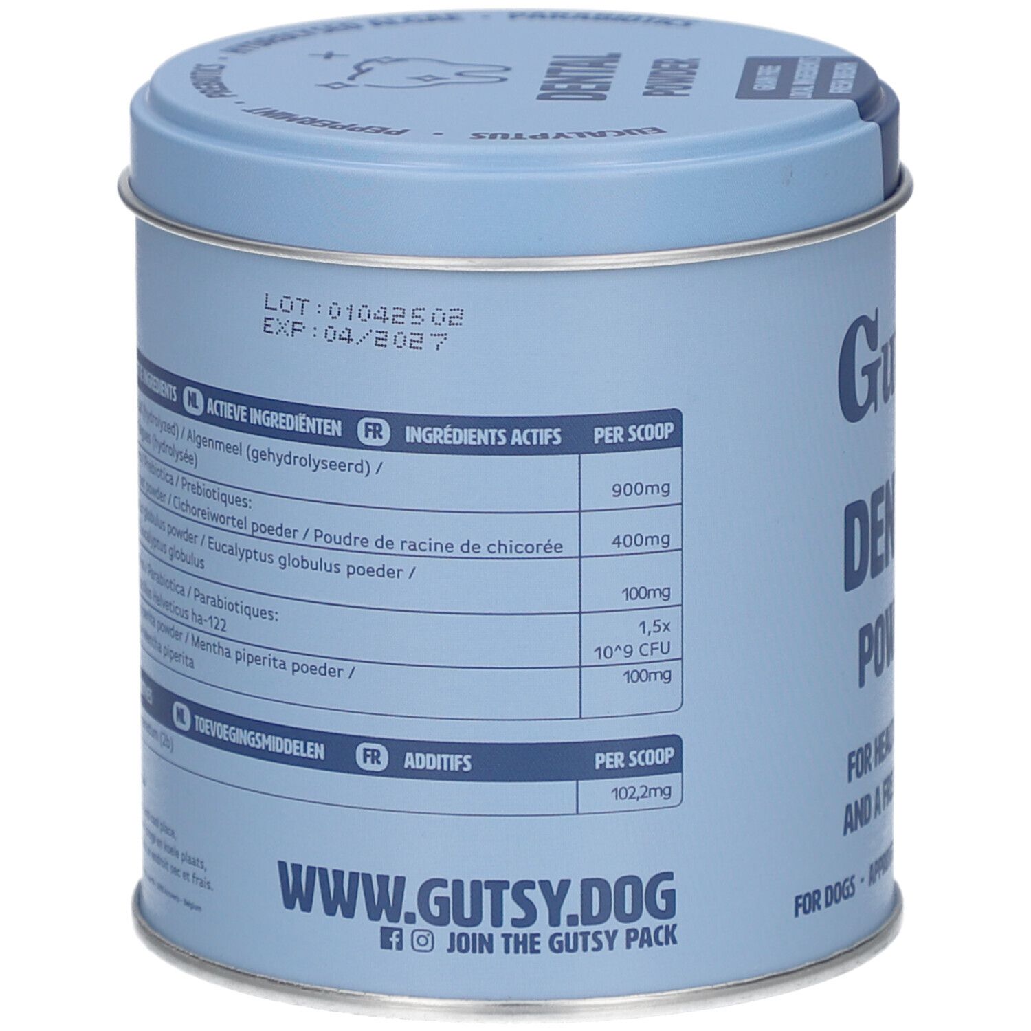 Rückseite der Dose. Enthält Inhaltsstoffe, Dosierung, und Kontaktinformationen. Text in Englisch, Französisch und Niederländisch.