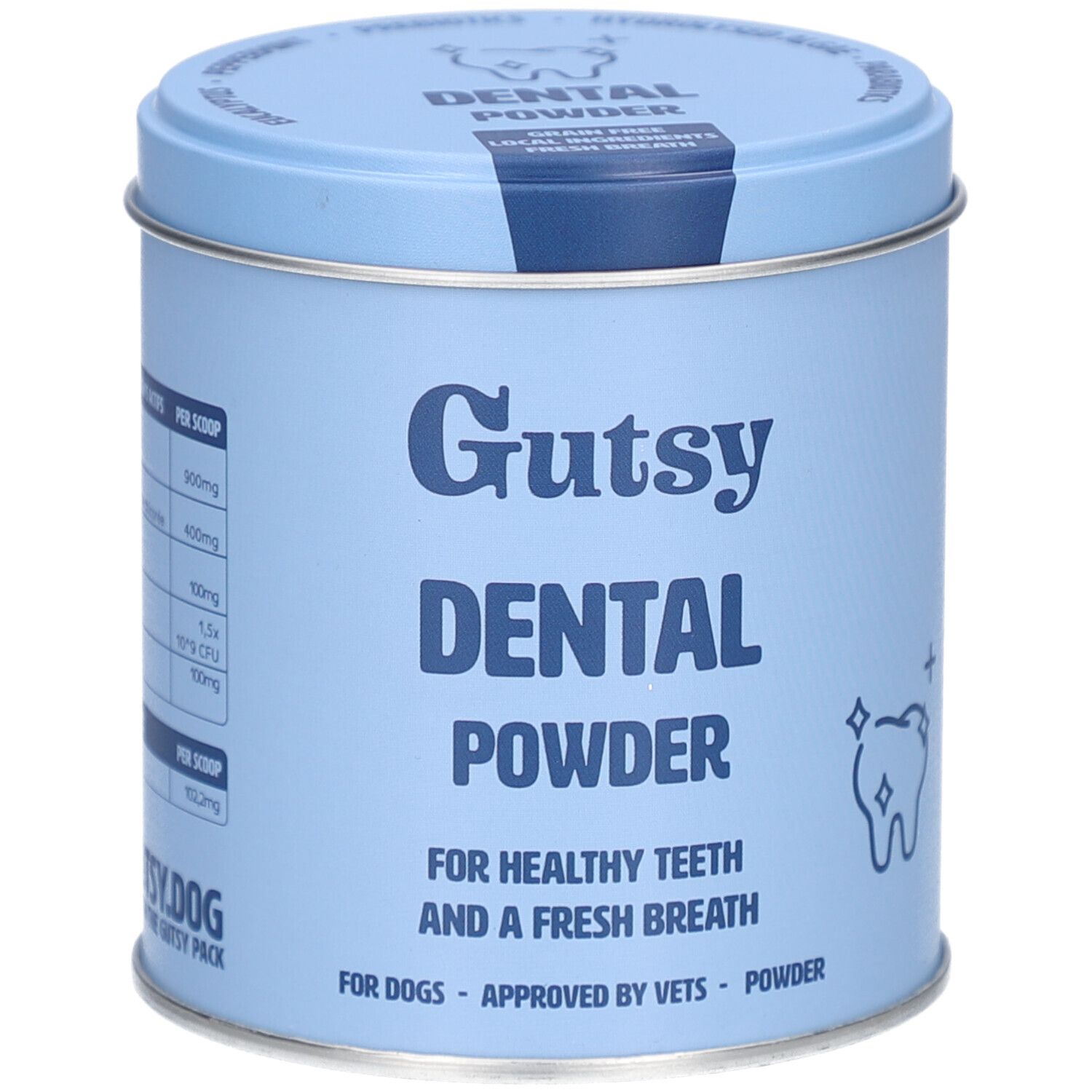 Hellblaue Dose mit "Gutsy Dental Powder"-Aufdruck. Enthält Text für gesunde Zähne und frischen Atem. Mit Zahn-Symbol.