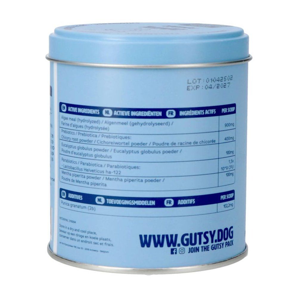 Dos de la boîte. Contient ingrédients, dosage et coordonnées. Texte en anglais, français et néerlandais.