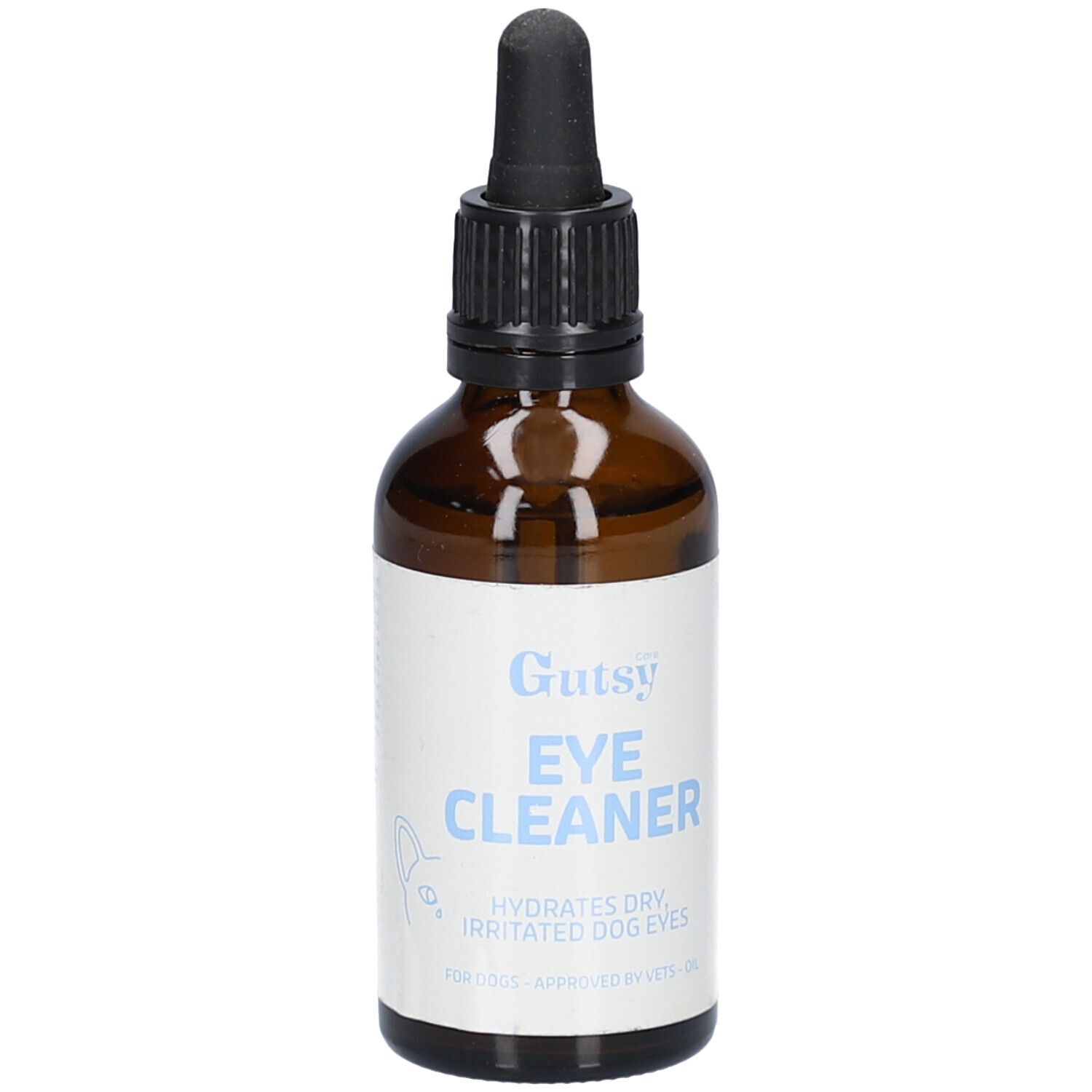 Braune Glasflasche mit schwarzem Tropfer. Auf dem Etikett steht "Gutsy Eye Cleaner" und "Hydrates dry, irritated dog eyes".