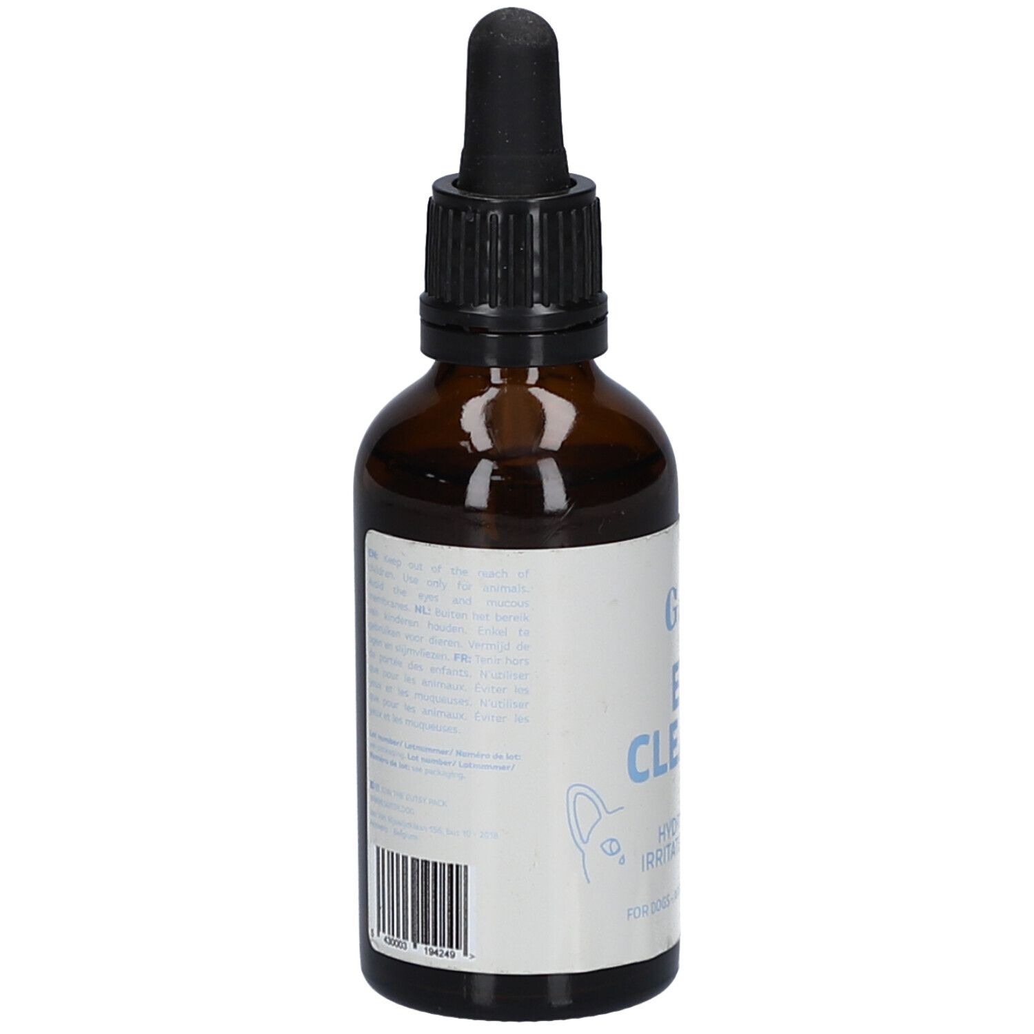 Braune Glasflasche mit schwarzem Tropfer. Rückseite mit Text und Barcode. Produktname nicht sichtbar.