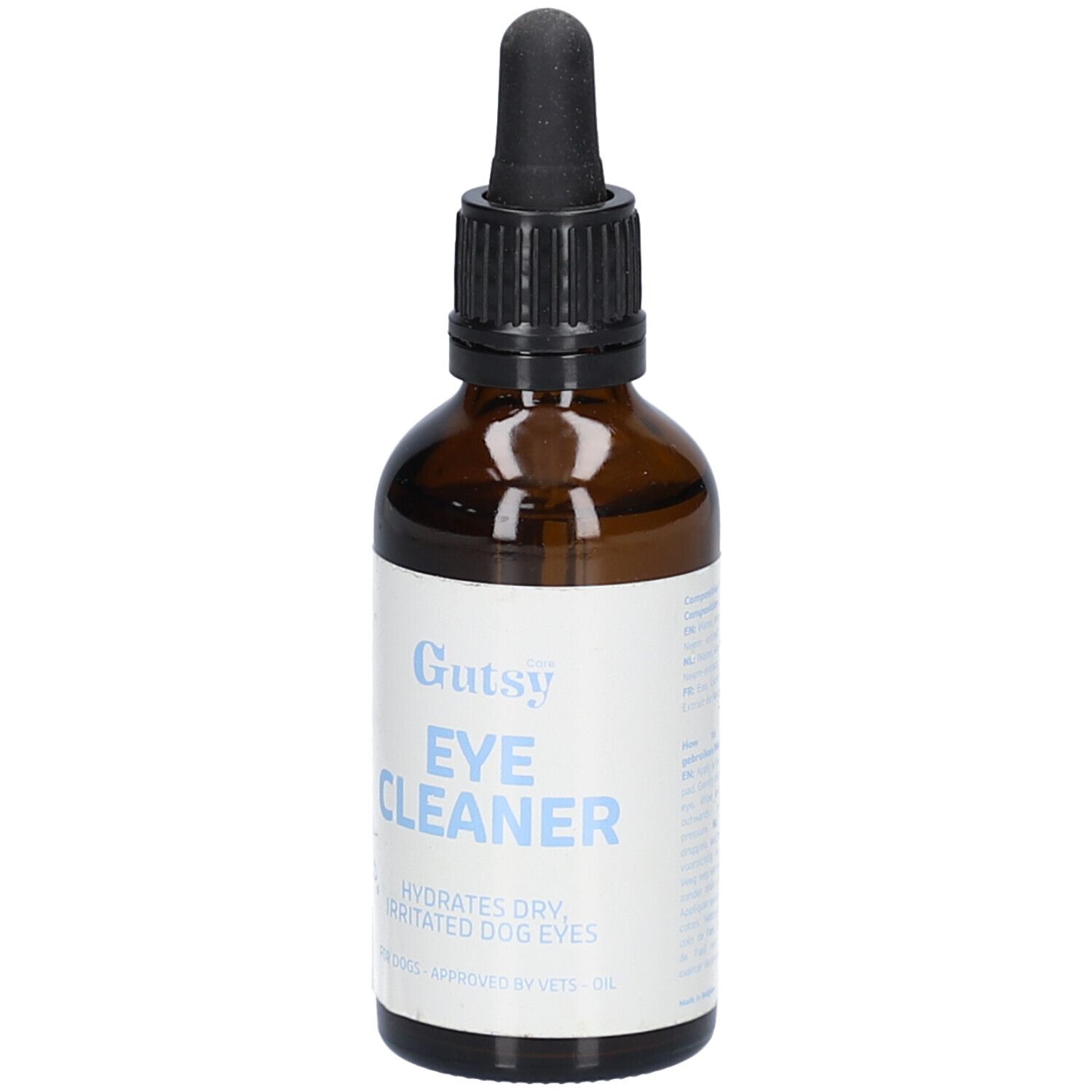 Braune Glasflasche mit schwarzem Tropfer. Auf dem Etikett steht "Gutsy Eye Cleaner" und "Hydrates dry, irritated dog eyes".