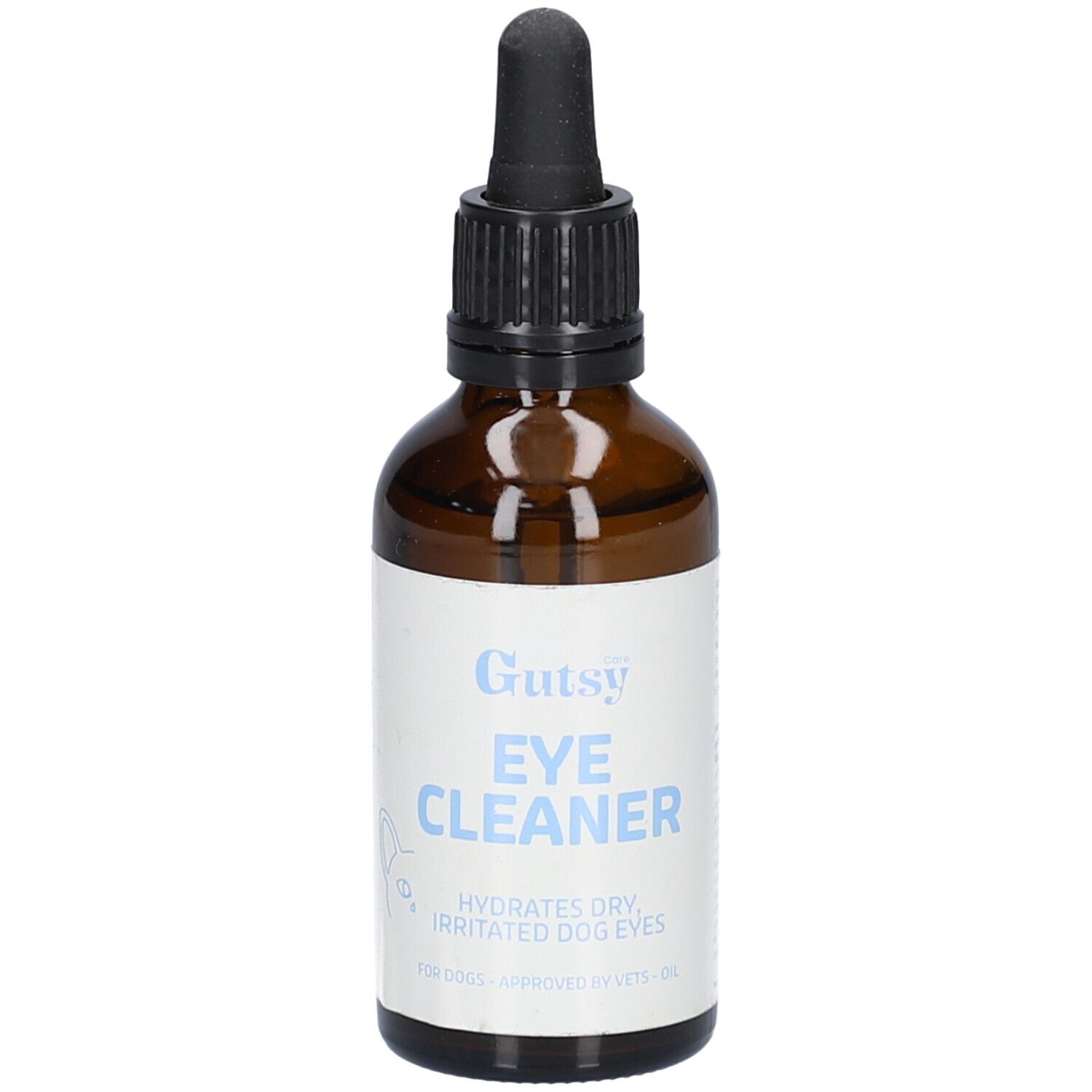 Braune Glasflasche mit schwarzem Tropfer. Auf dem Etikett steht "Gutsy Eye Cleaner" und "Hydrates dry, irritated dog eyes".