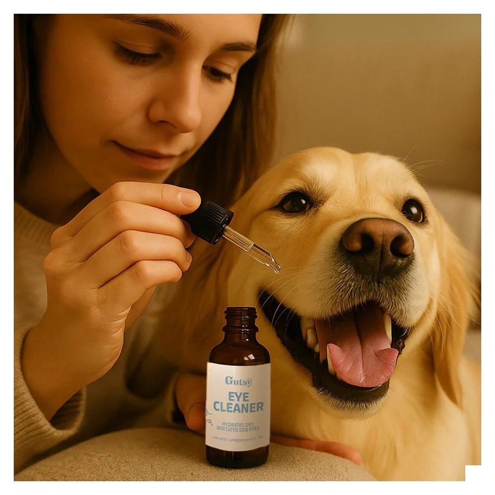 Une femme verse des gouttes oculaires dans les yeux d'un chien. Le flacon est visible.