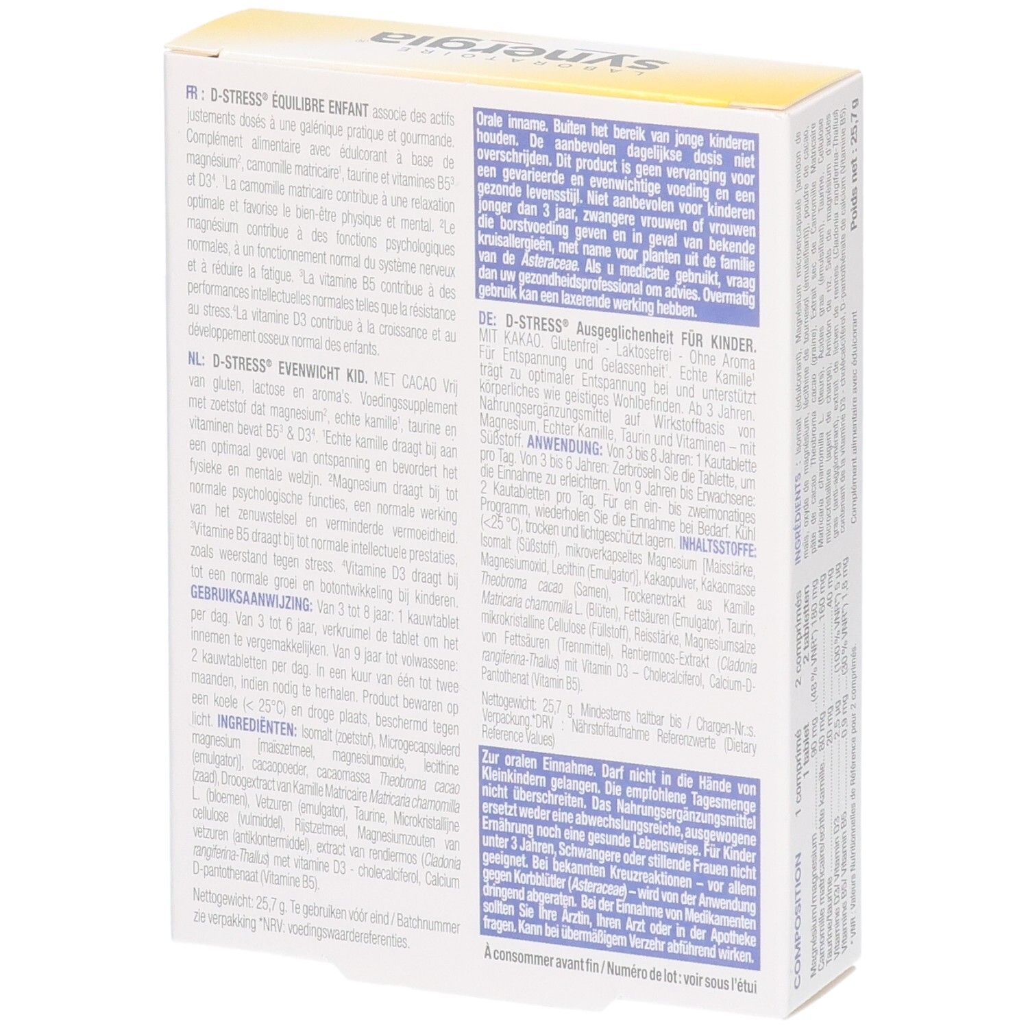 Seitenansicht der D-Stress Équilibre Enfant Kid Packung mit Anwendungshinweisen.