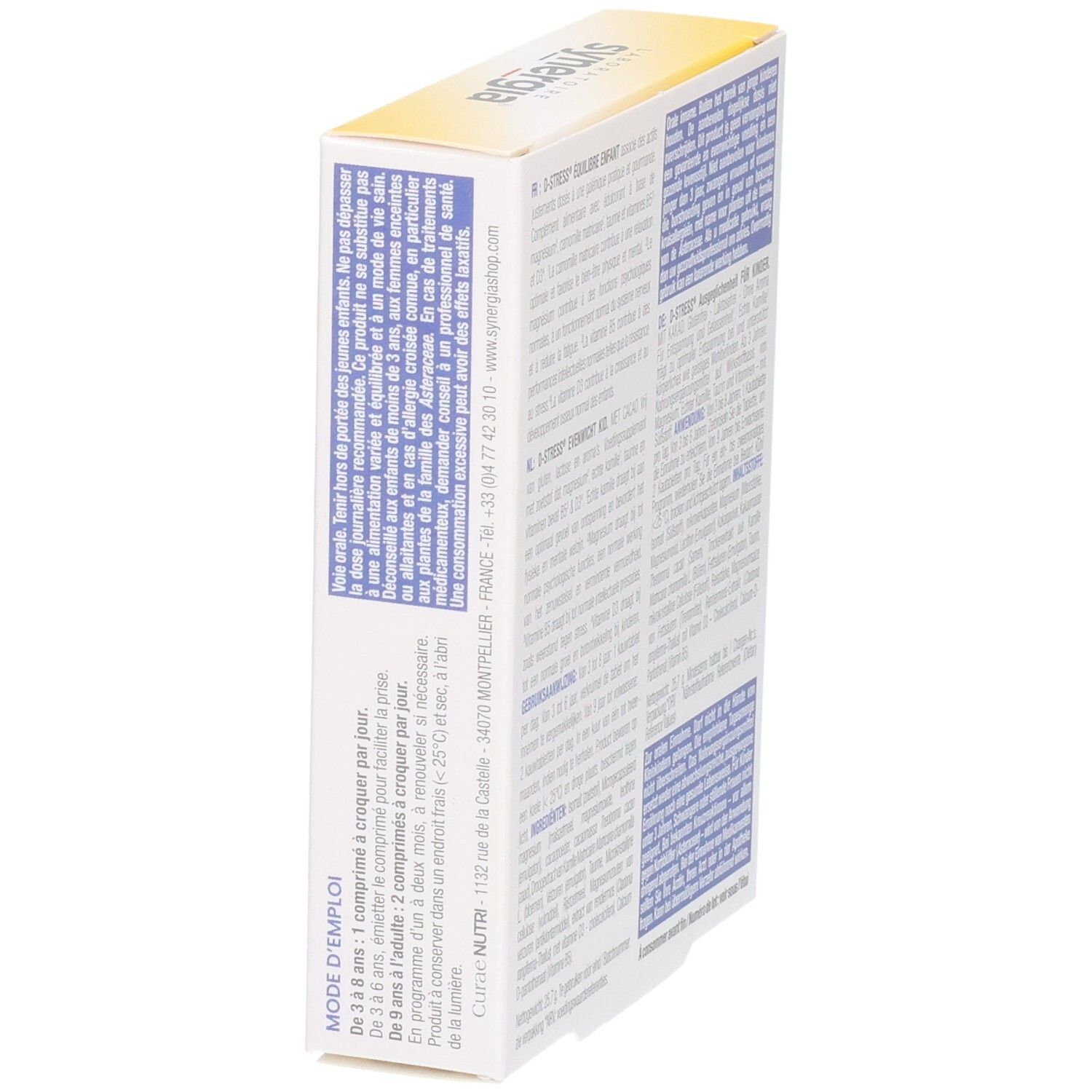 Seitenansicht der D-Stress Équilibre Enfant Kid Packung mit Anwendungshinweisen.