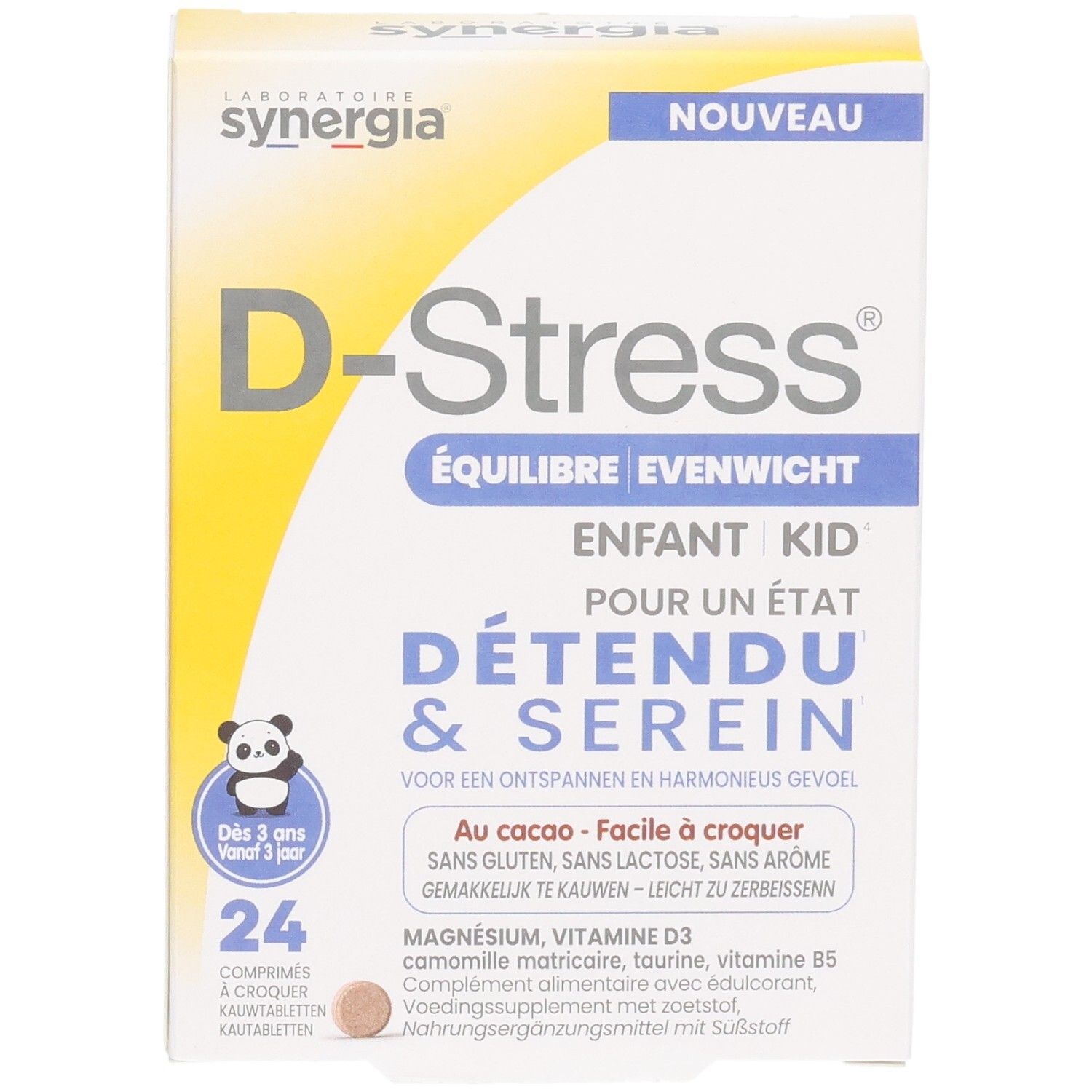 D-Stress Équilibre Enfant Kid Packung mit 24 Kautabletten und Panda-Motiv.