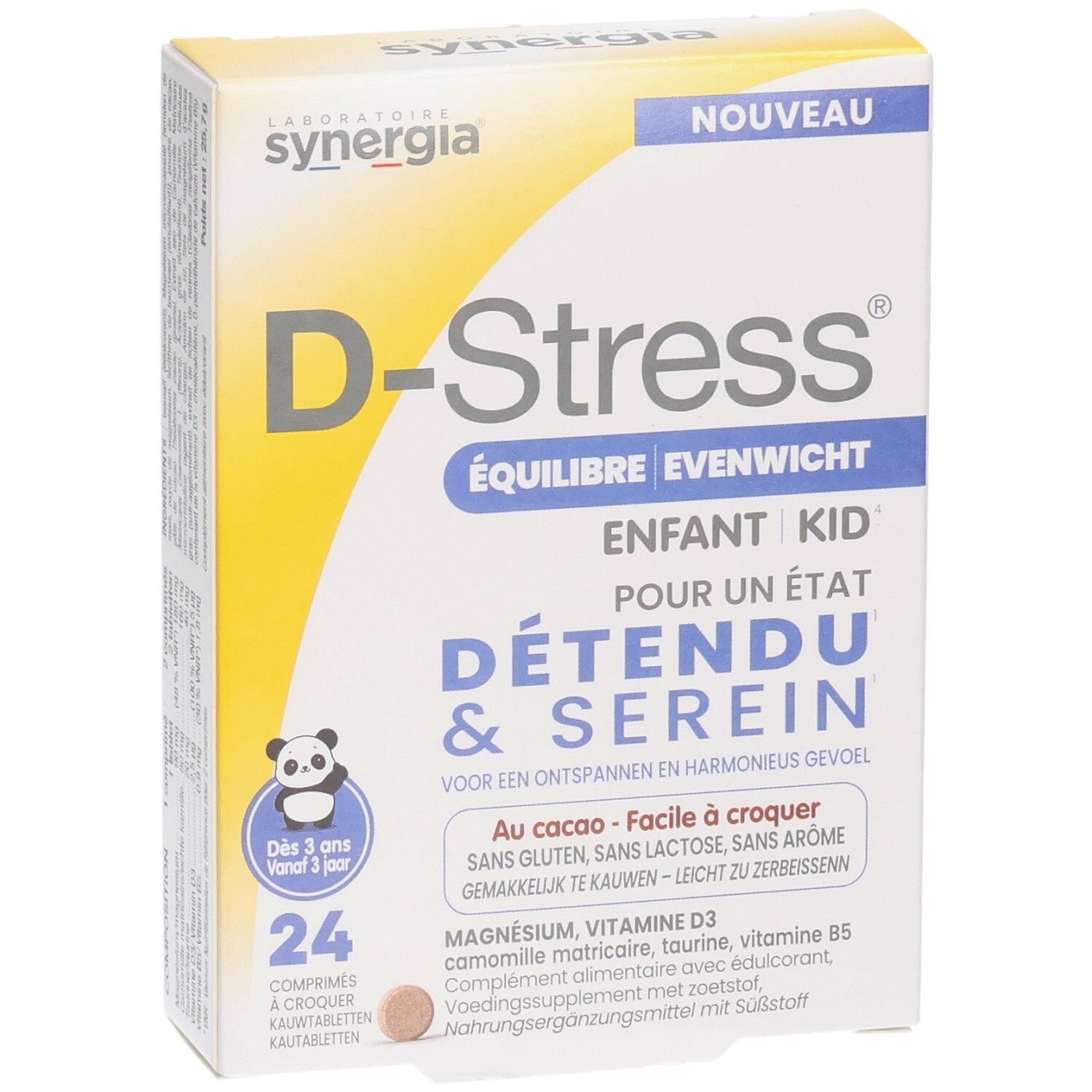 Vorderseite der D-Stress Équilibre Enfant Kid Packung mit Panda-Motiv und 24 Tabletten.