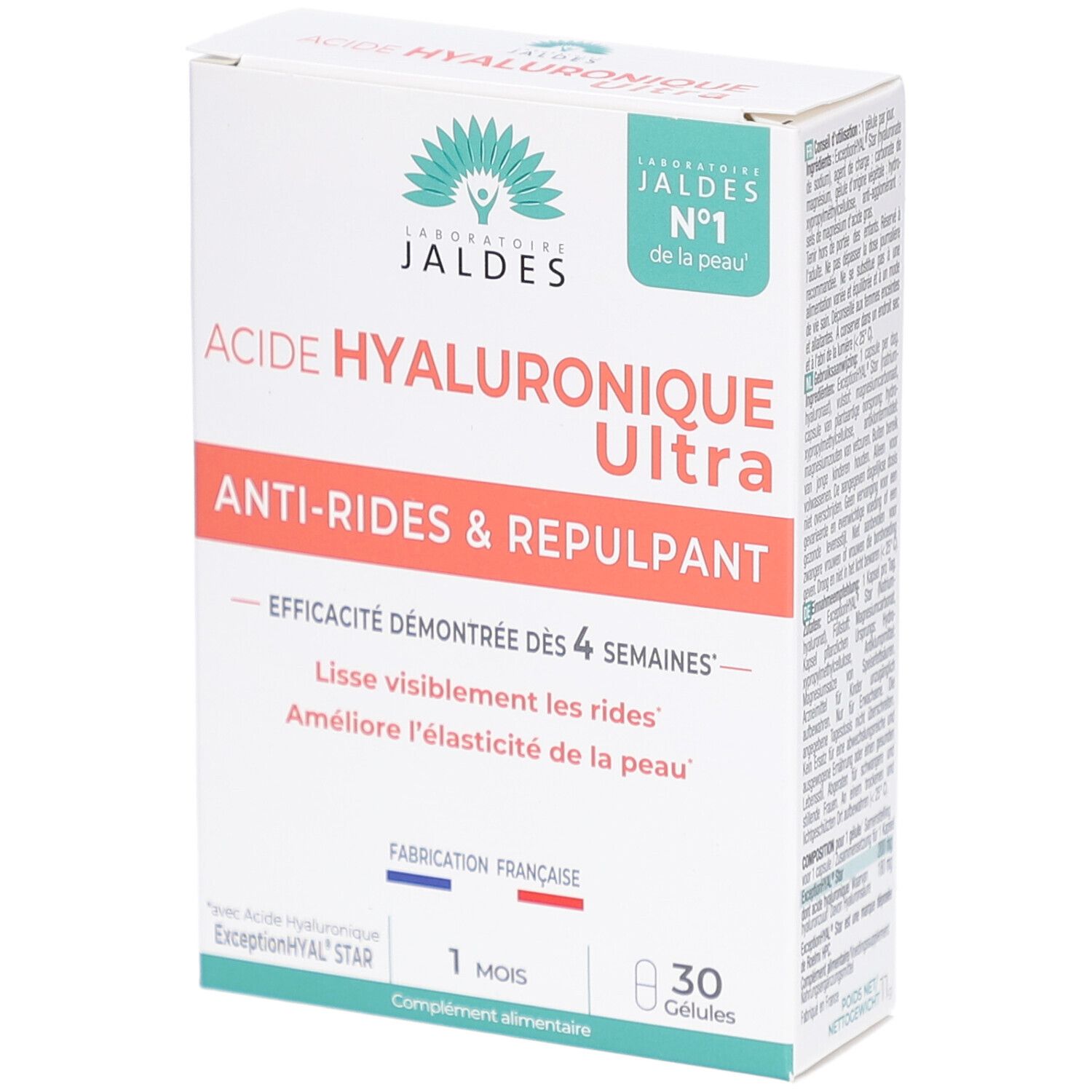 Schachtel mit Laboratoire Jaldes Acide Hyaluronique Ultra. Enthält 30 Kapseln. Text: Anti-Rides & Repulpant, 1 mois, Fabrication Française.