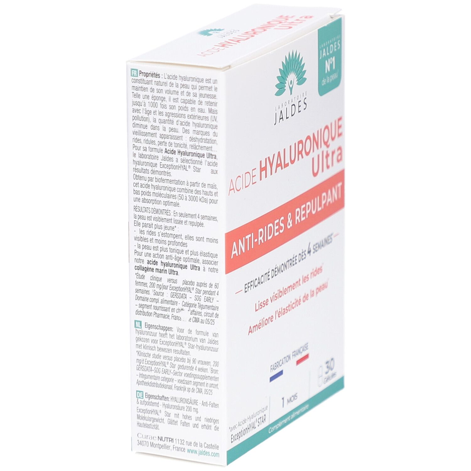 Schachtel mit Laboratoire Jaldes Acide Hyaluronique Ultra. Text: Anti-Rides & Repulpant, 1 mois, Fabrication Française. Detailansicht der Inhaltsstoffe.